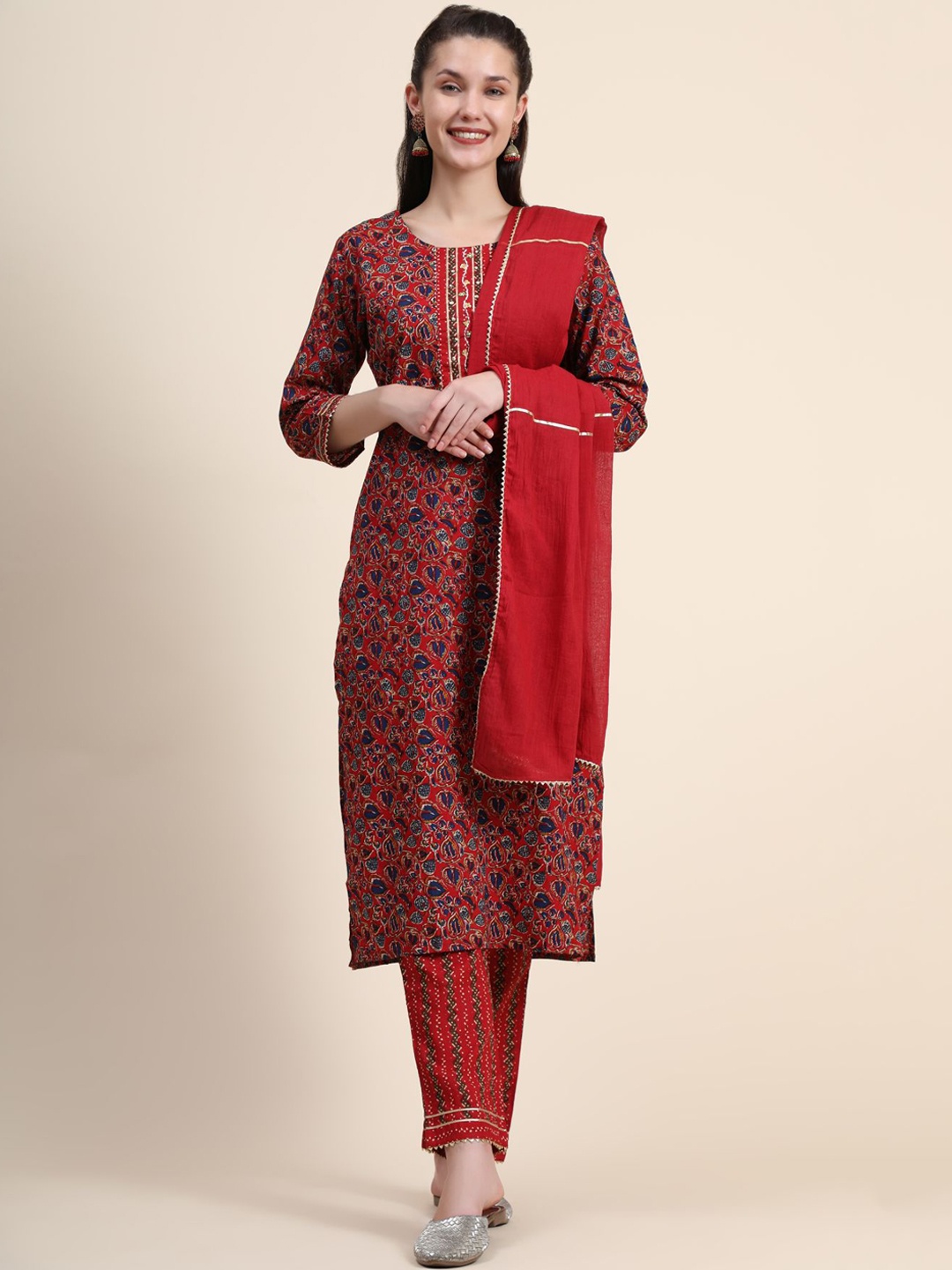 

KALINI Printed Gotta Patti Linen Kurta with Trousers & With Dupatta, Red