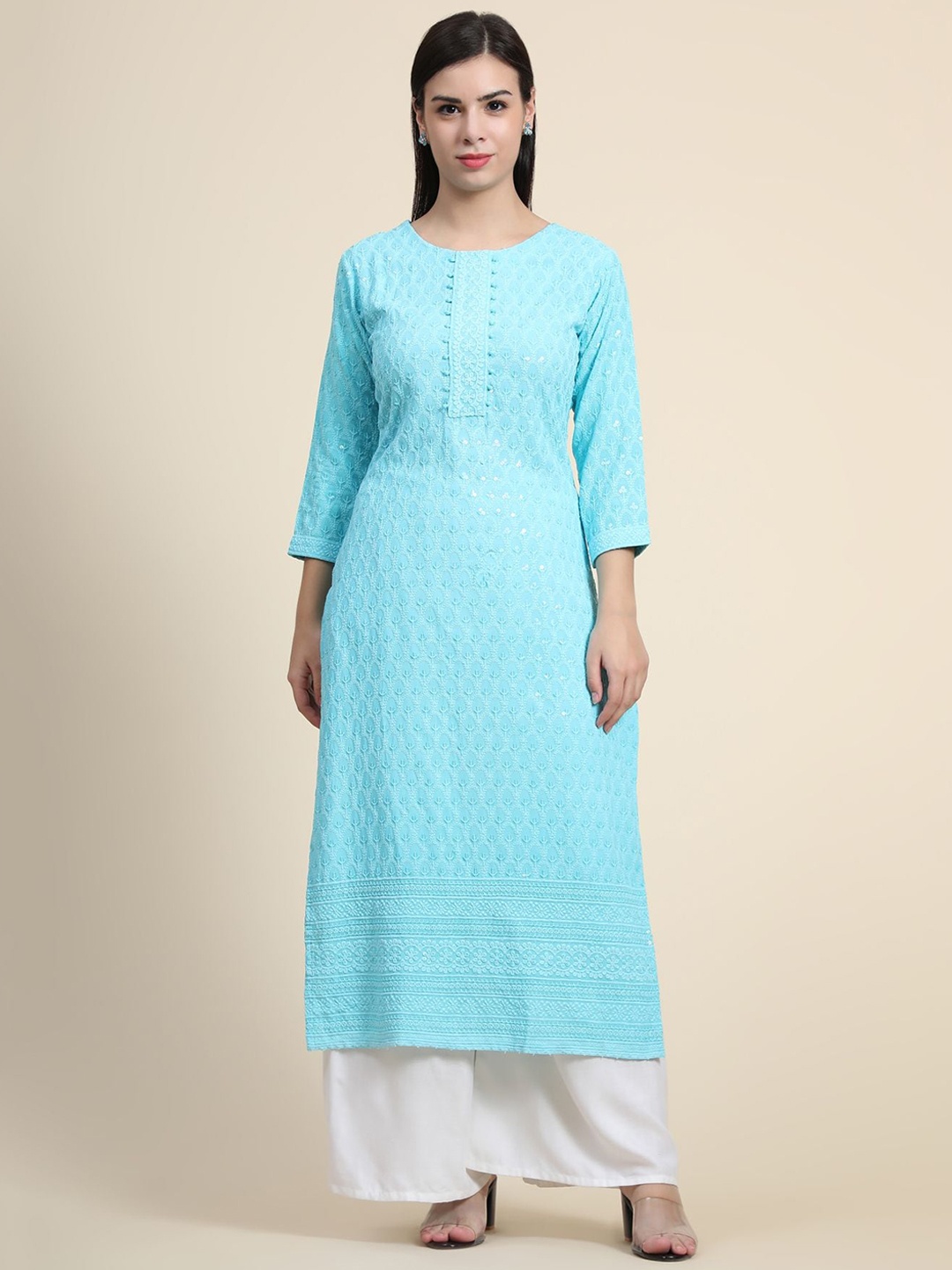 

KALINI Embroidered Thread Work Linen Kurta with Palazzos & With Dupatta, Blue