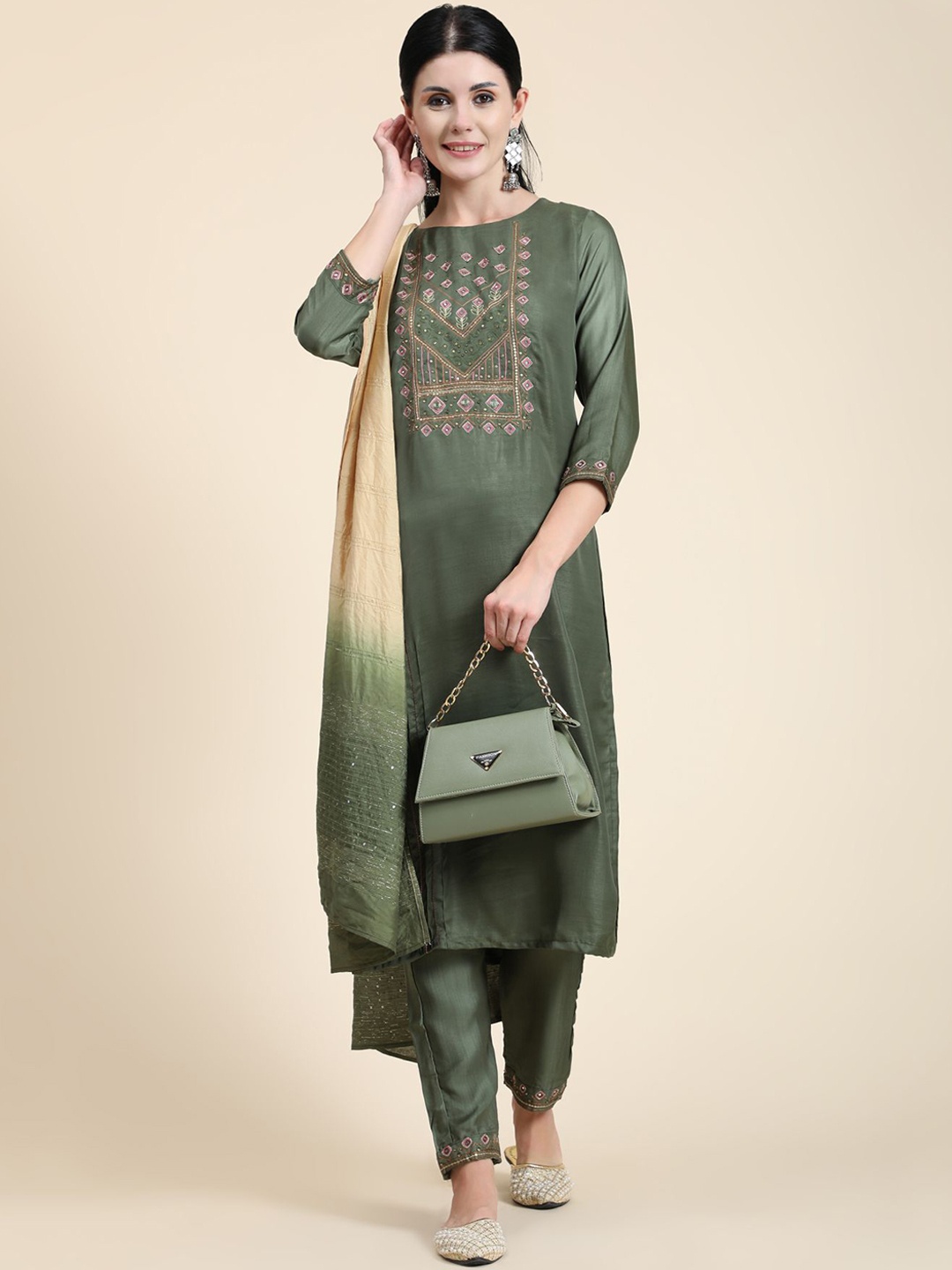 

KALINI Embroidered Mirror Work Linen Kurta with Trousers & With Dupatta, Green