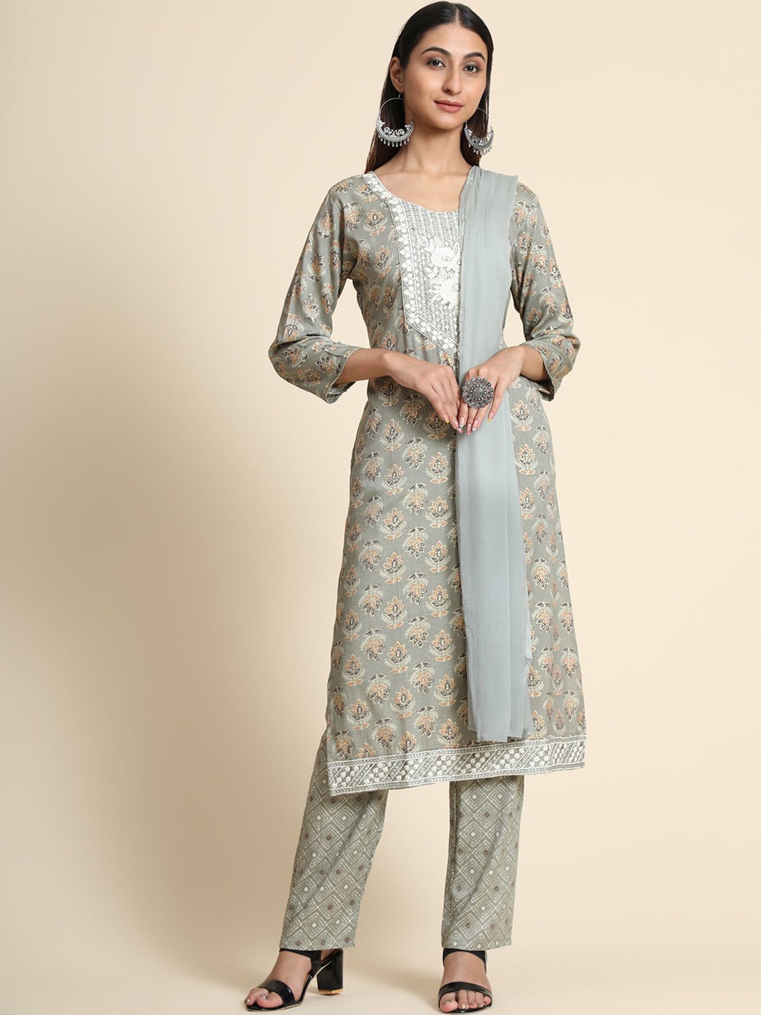 

KALINI Printed Thread Work Linen Kurta with Trousers & With Dupatta, Grey
