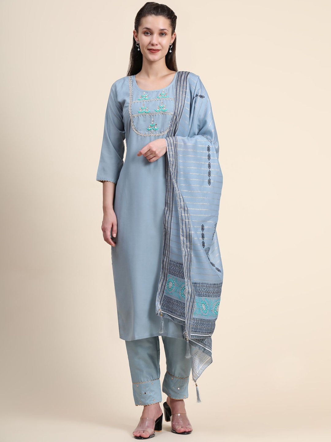 

KALINI Women Blue Floral Embroidered Thread Work Linen Kurta with Trousers & With Dupatta