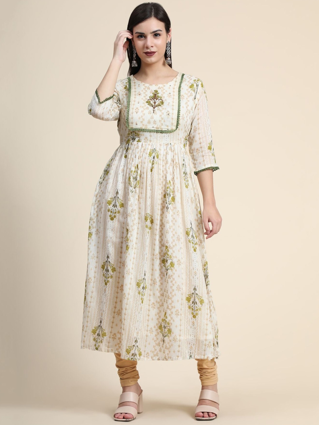 

KALINI Floral Printed Sequinned Linen Kurta Set, Green