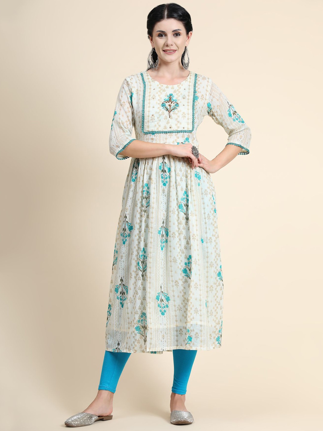 

KALINI Women Blue Floral Printed Sequinned Linen Kurta Set