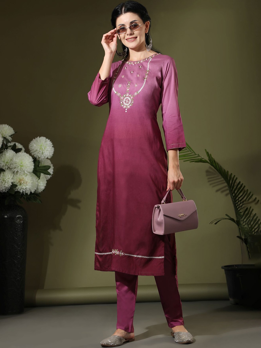 

KALINI Women Pink Embroidered Thread Work Linen Kurta with Trousers & With Dupatta