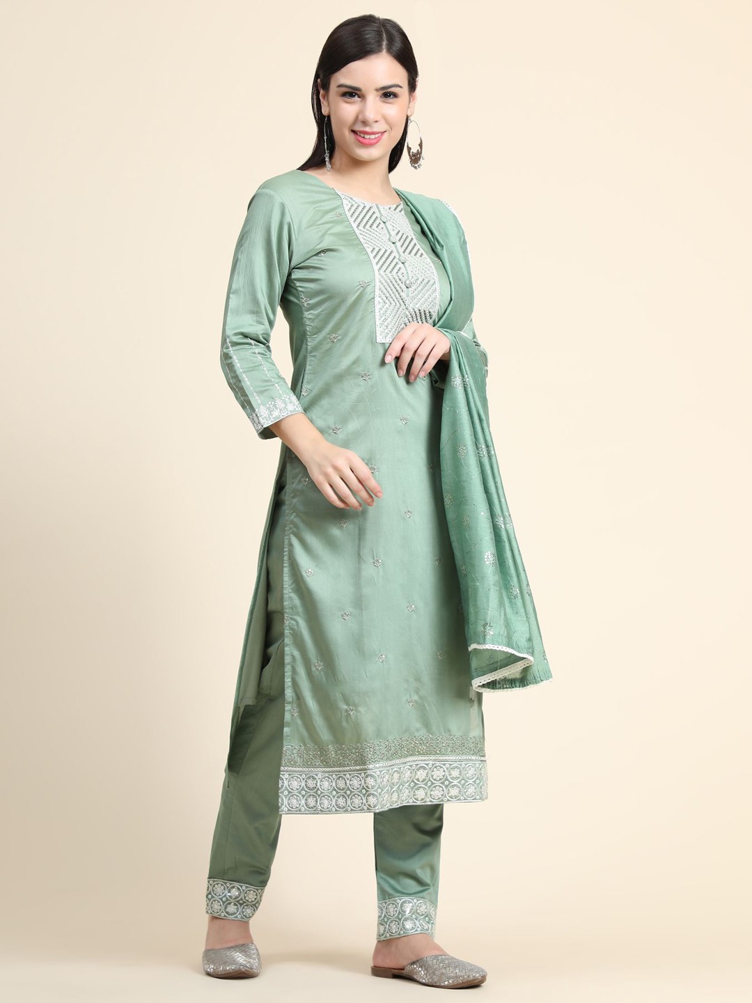 

KALINI Embroidered Sequinned Linen Kurta with Trousers & With Dupatta, Sea green