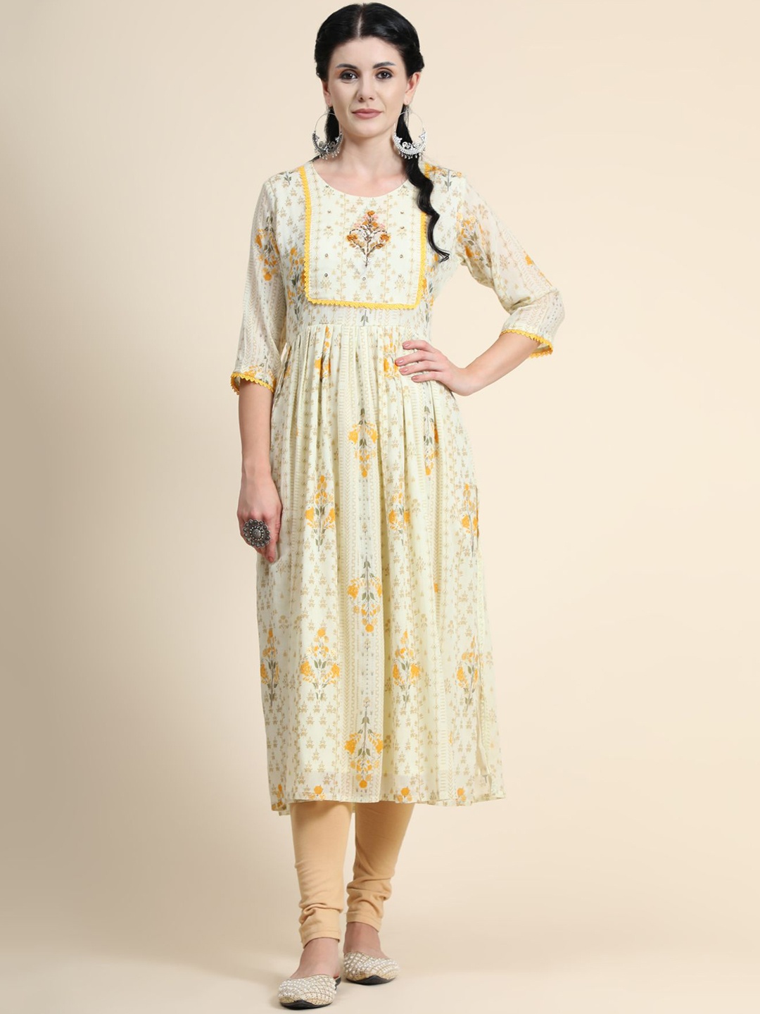 

KALINI Printed Thread Work Linen Kurta with Trousers, White