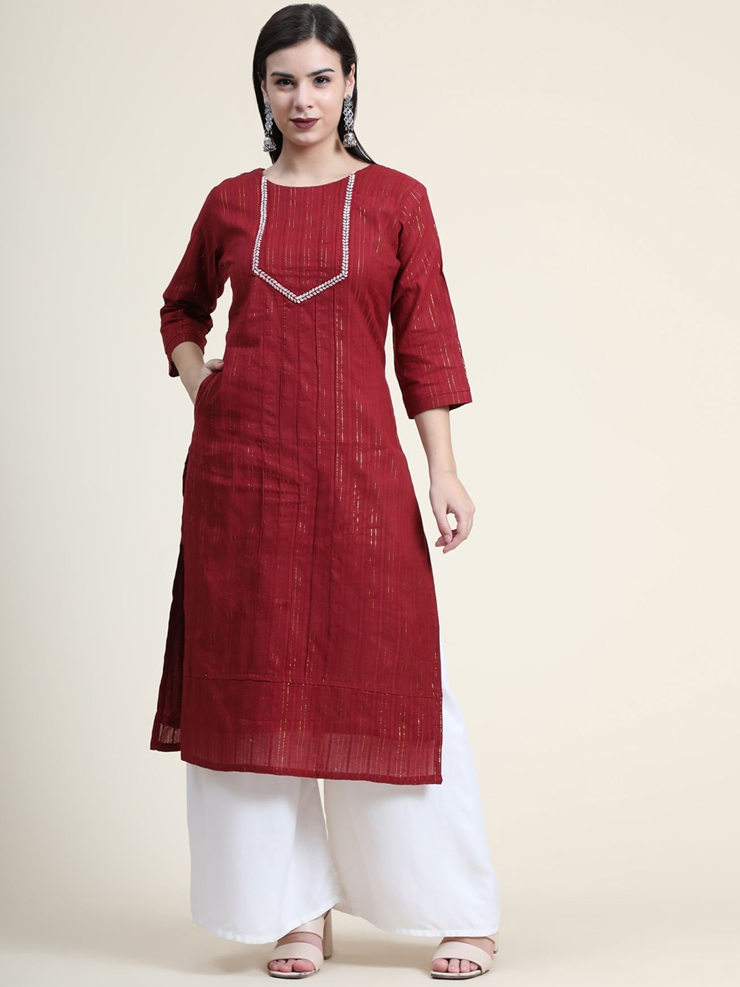 

KALINI Floral Embroidered Linen Kurta with Palazzos, Maroon