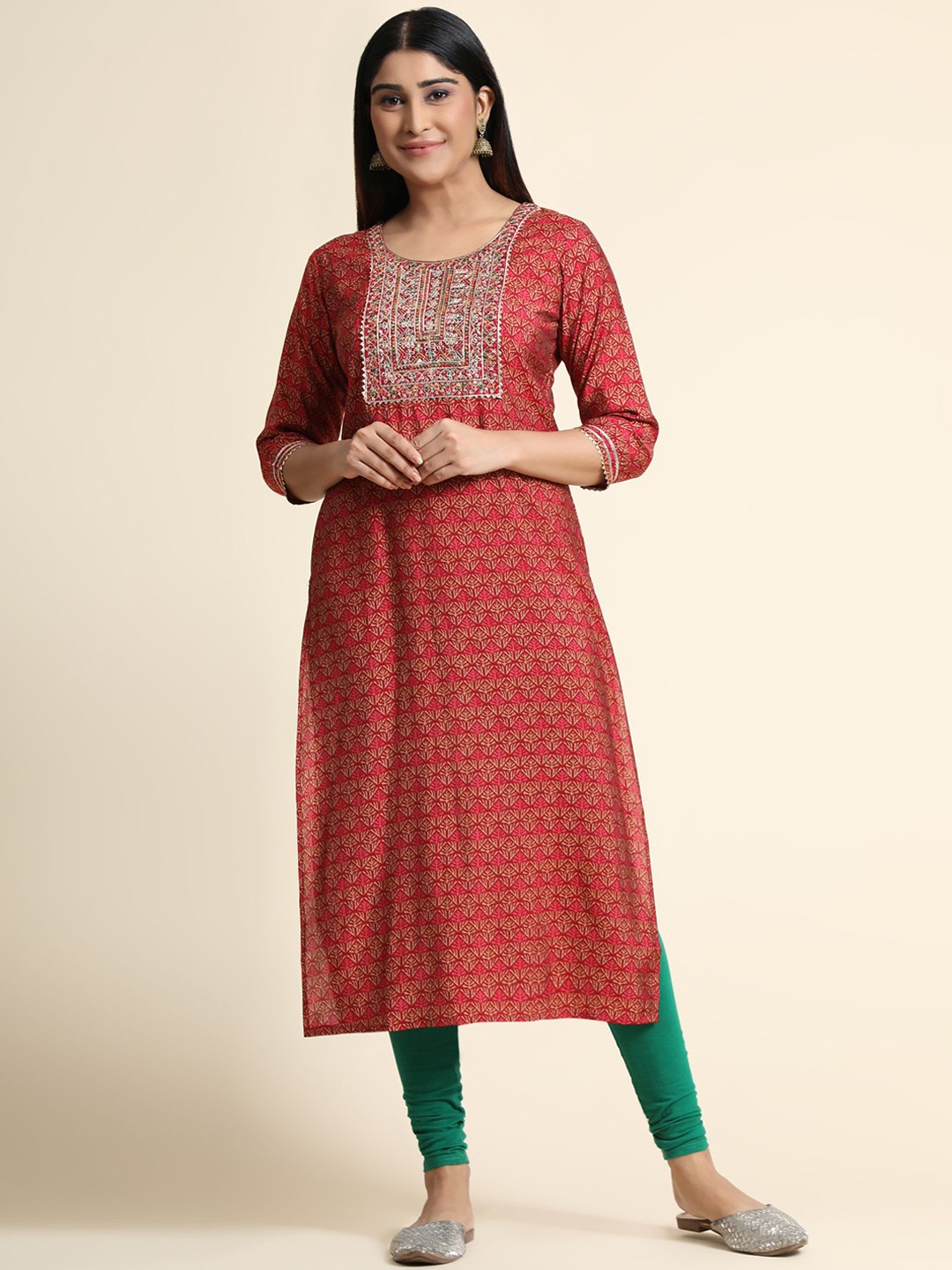 

KALINI Ethnic Motifs Printed Thread Work Linen Kurta Set, Red