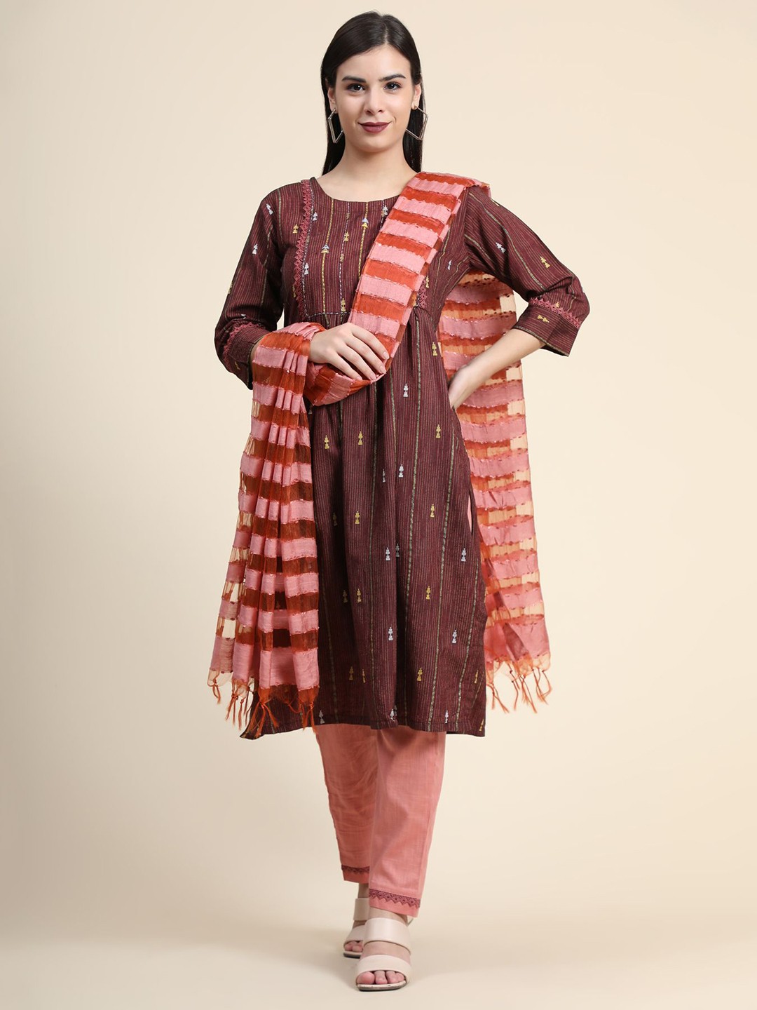 

KALINI Sequinned Linen Kurta with Trousers & With Dupatta, Brown