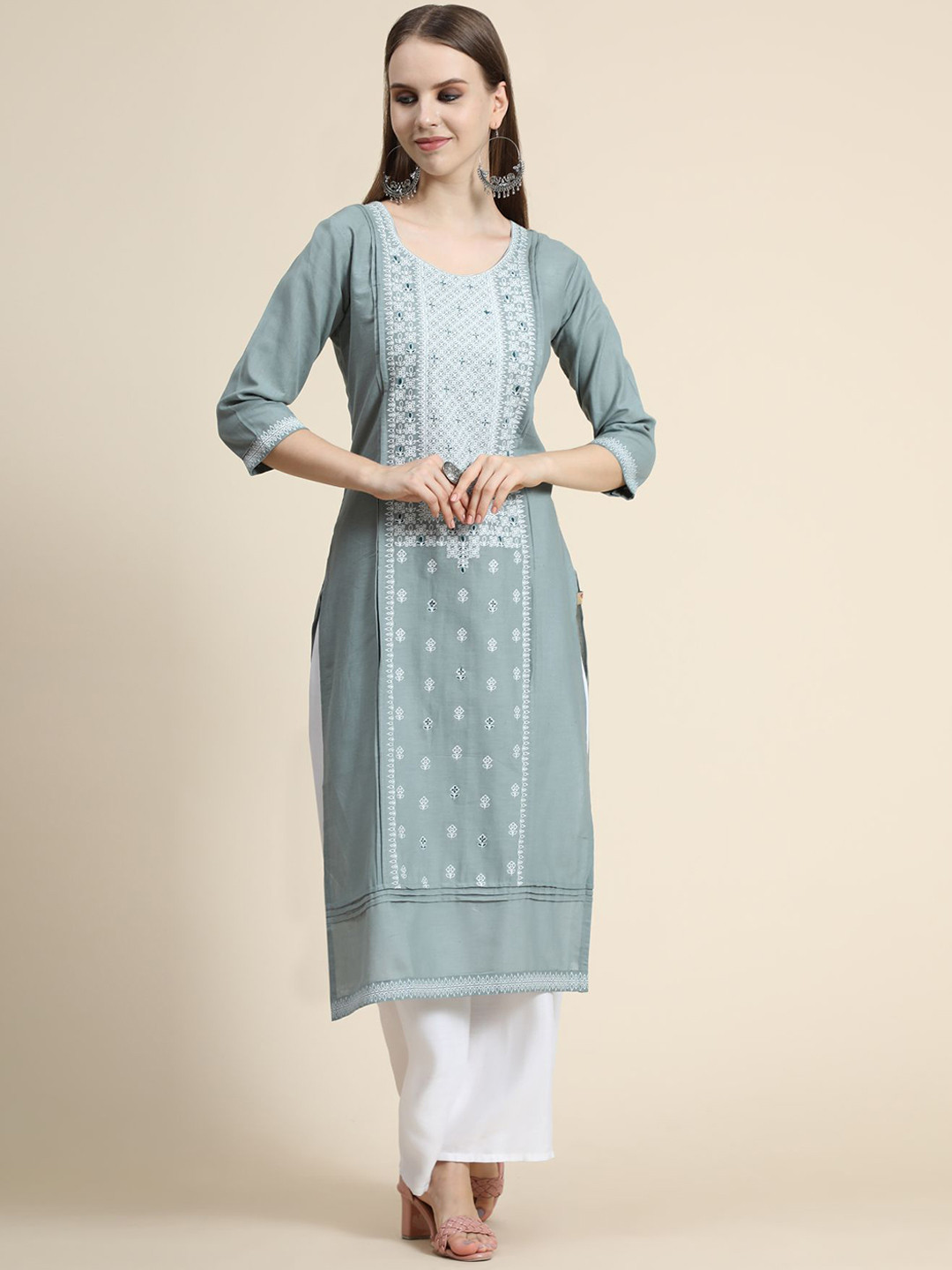 

KALINI Ethnic Motifs Embroidered Linen Kurta with Palazzos & With Dupatta, Grey
