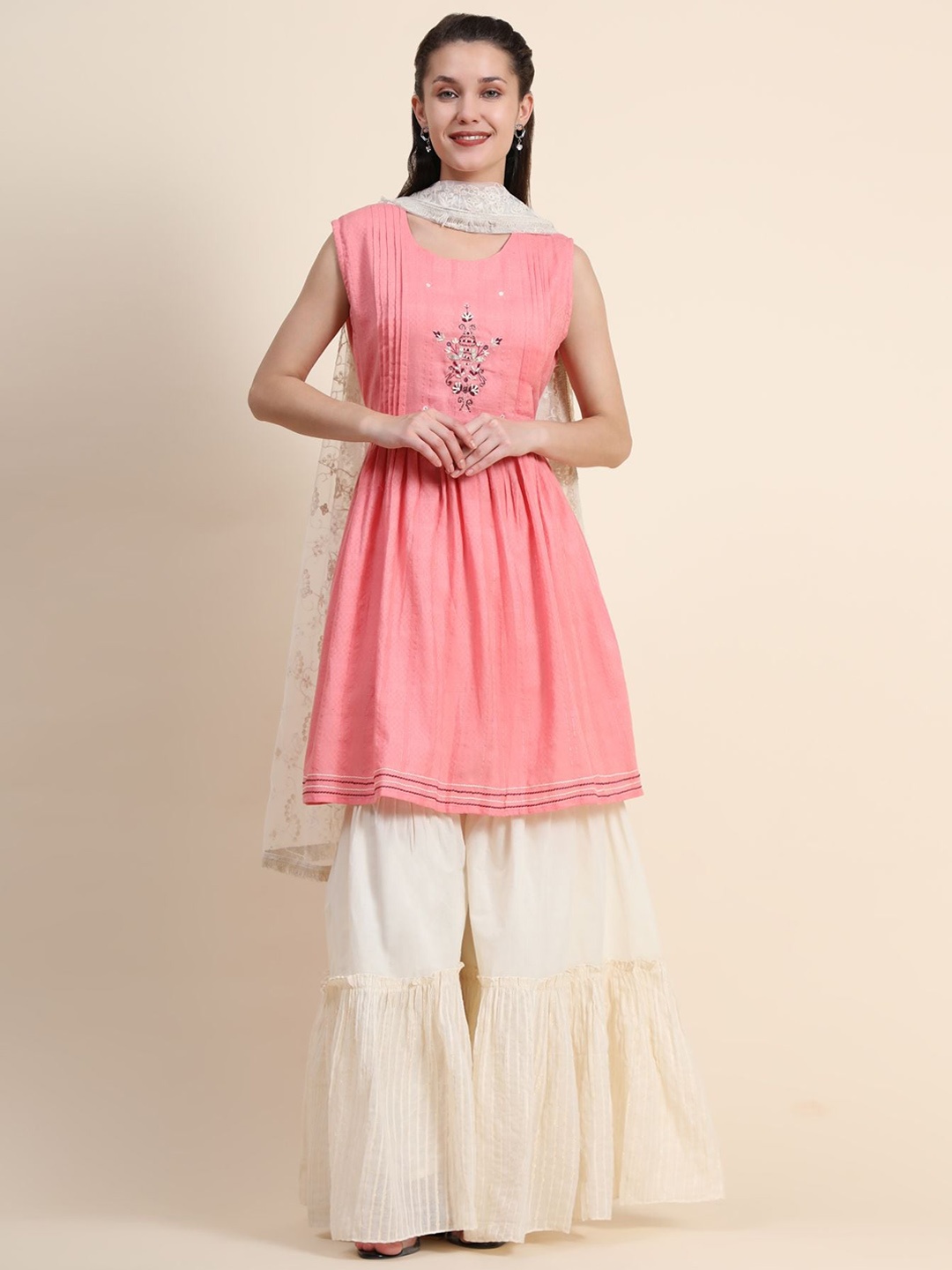 

KALINI Floral Embroidered Pleated Linen Kurta with Sharara & Dupatta, Pink