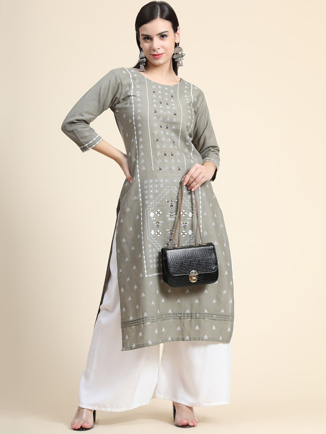 

KALINI Ethnic Motifs Printed Thread Work Linen Kurta with Palazzos & With Dupatta, Grey