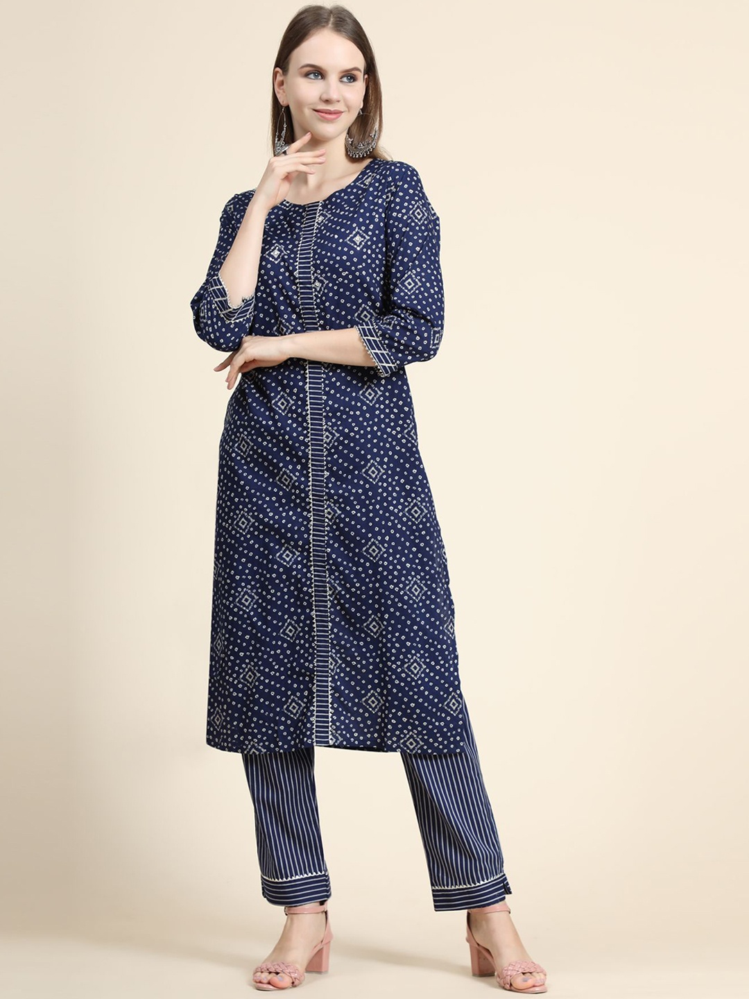 

KALINI Ethnic Motifs Printed Linen Kurta with Trousers & With Dupatta, Blue