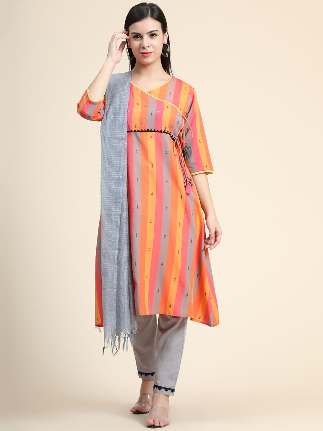 

KALINI Striped Angrakha Mirror Work Linen Kurta with Trousers & With Dupatta, Orange