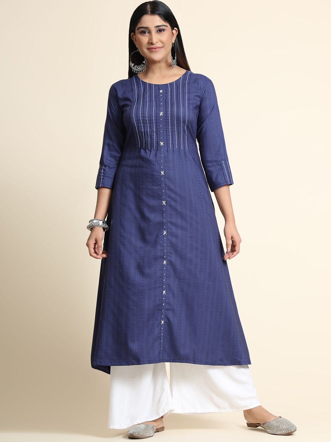 

KALINI Striped Thread Work Linen Kurta with Palazzos, Blue