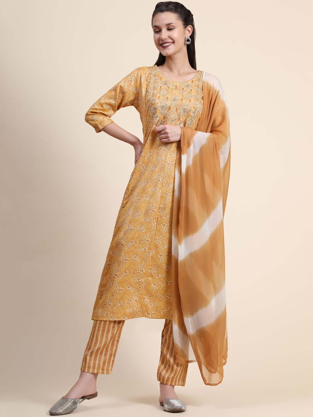 

KALINI Floral Printed Thread Work Linen Kurta with Trousers & With Dupatta, Mustard