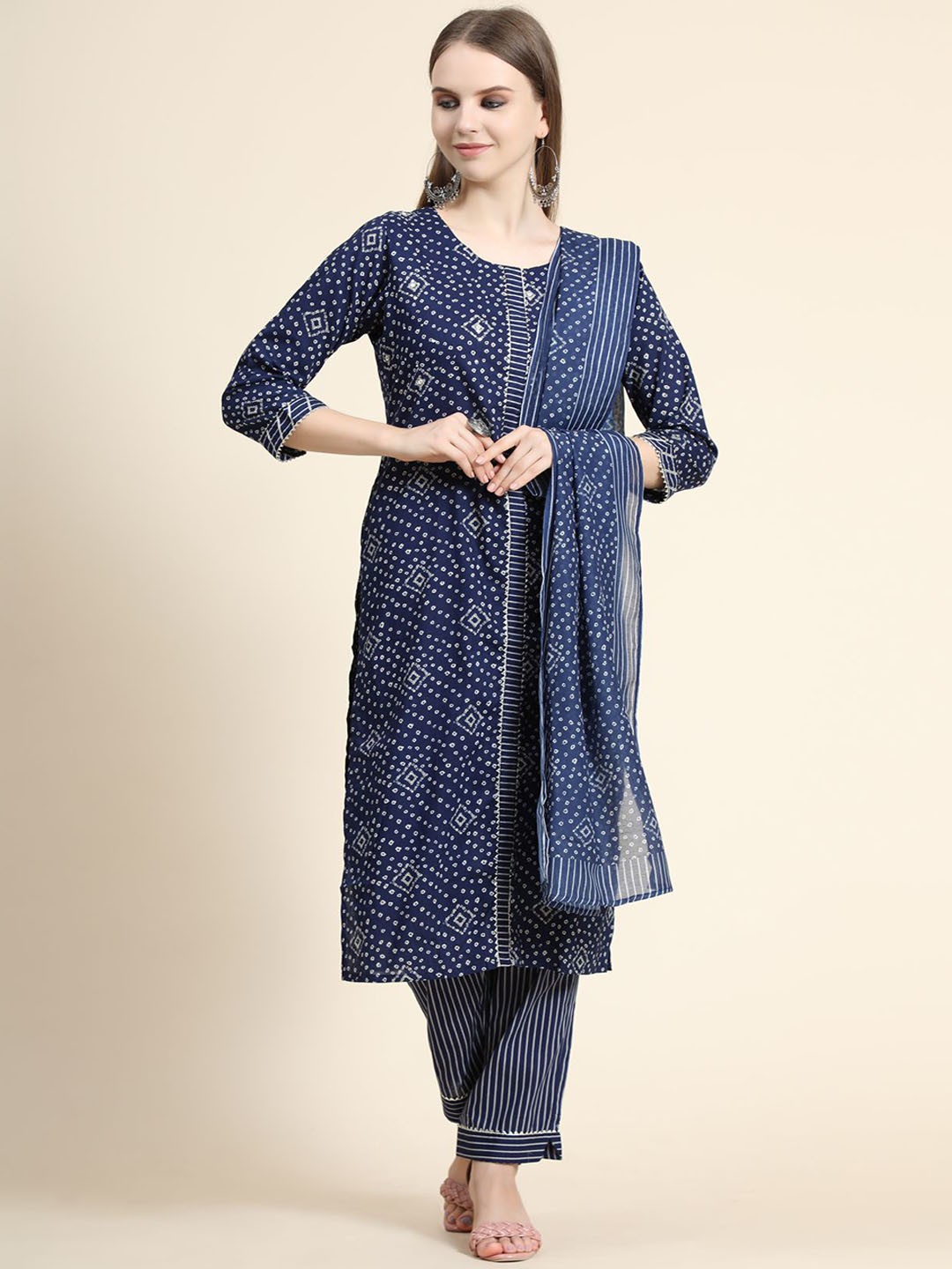 

KALINI Printed Mirror Work Linen Kurta with Trousers & With Dupatta, Blue