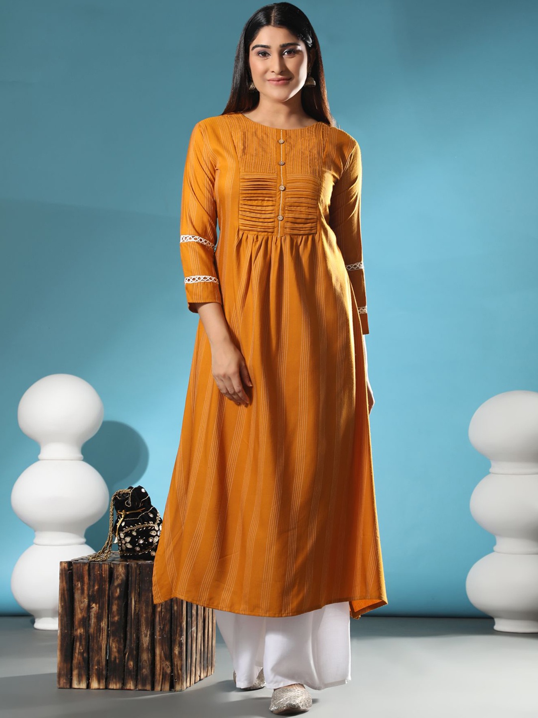 

KALINI Printed Empire Linen Kurta with Palazzos & With Dupatta, Yellow