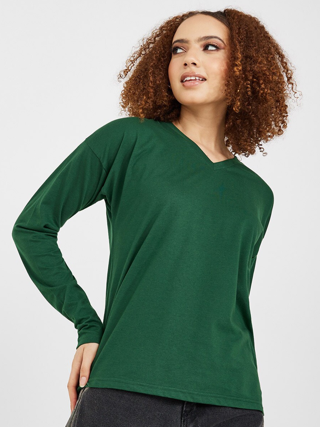 

Styli Women Green V-Neck Cotton T-shirt