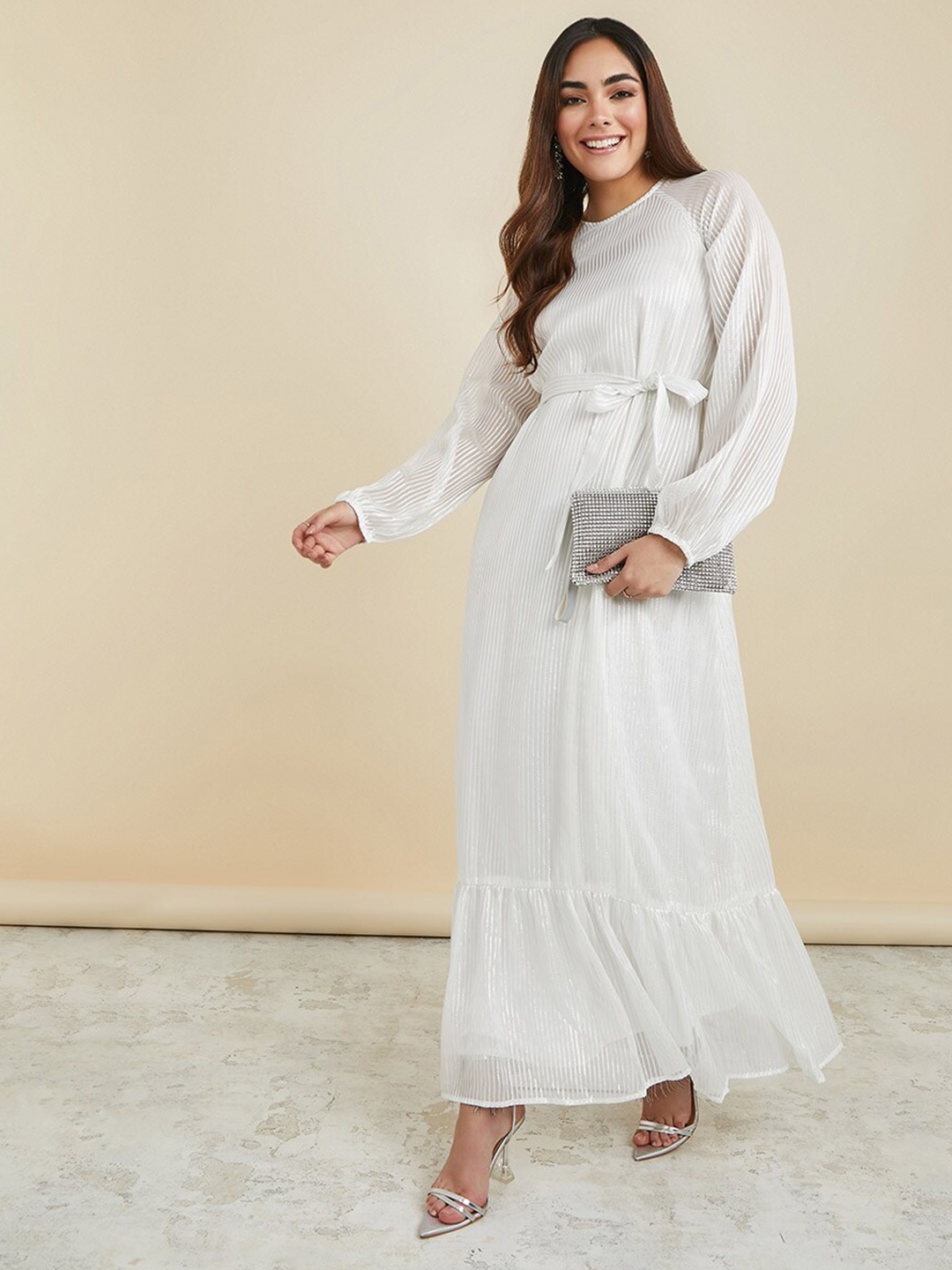 

Styli White Mock Neck Puff Sleeves Tie-Ups Detailed Flounce Maxi Dress