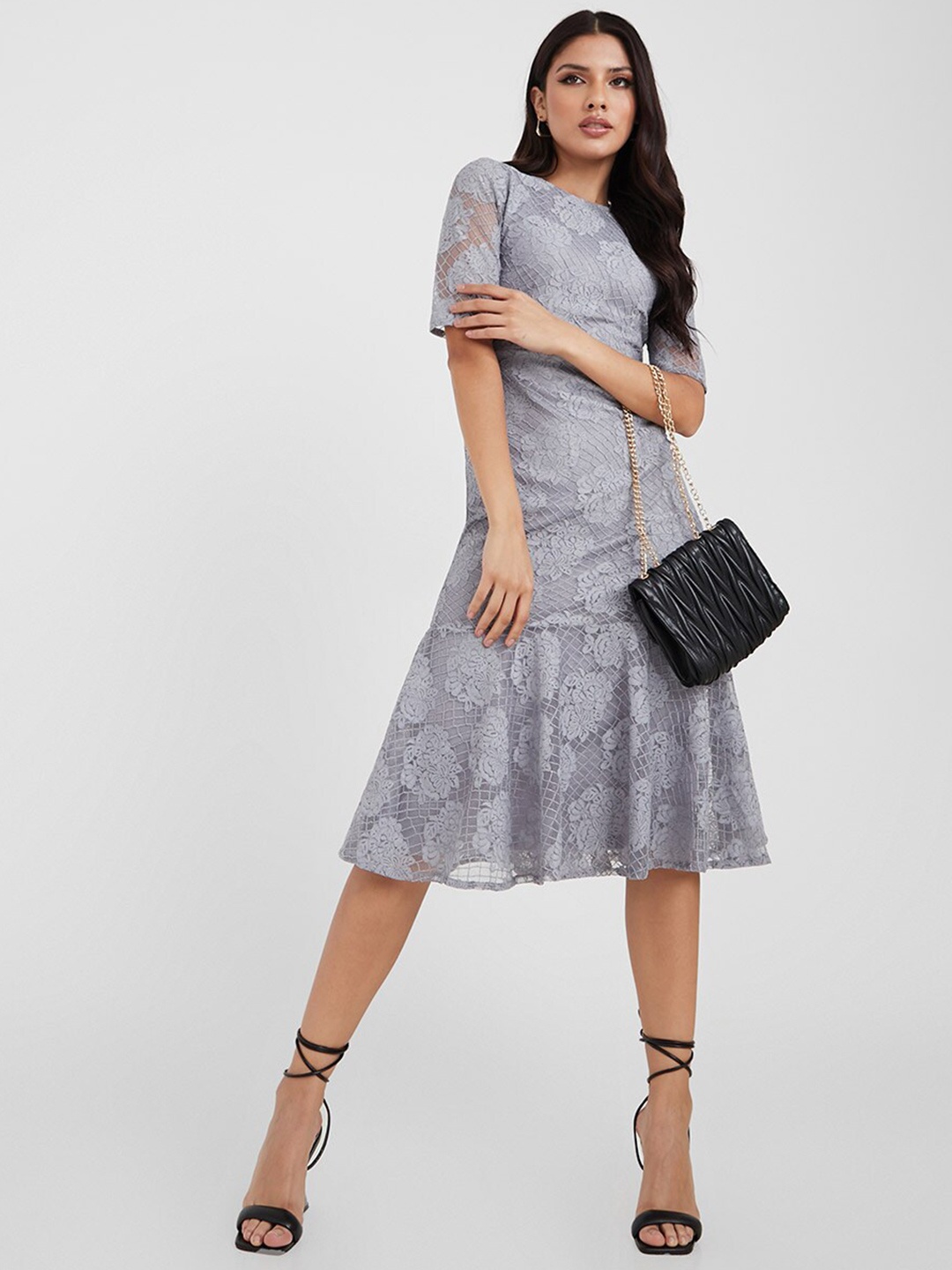 

Styli Grey Lace-Up Self Design Mock Neck A-Line Midi Dress