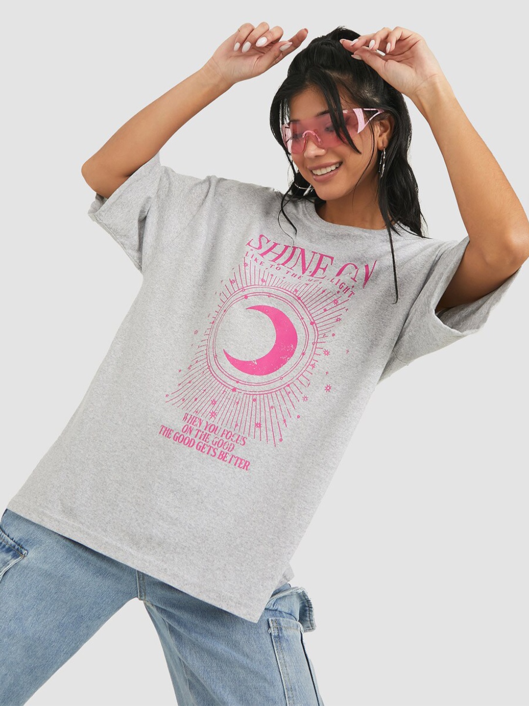 

Styli Women Grey & Pink Printed Extended Sleeves Oversized Cotton T-shirt