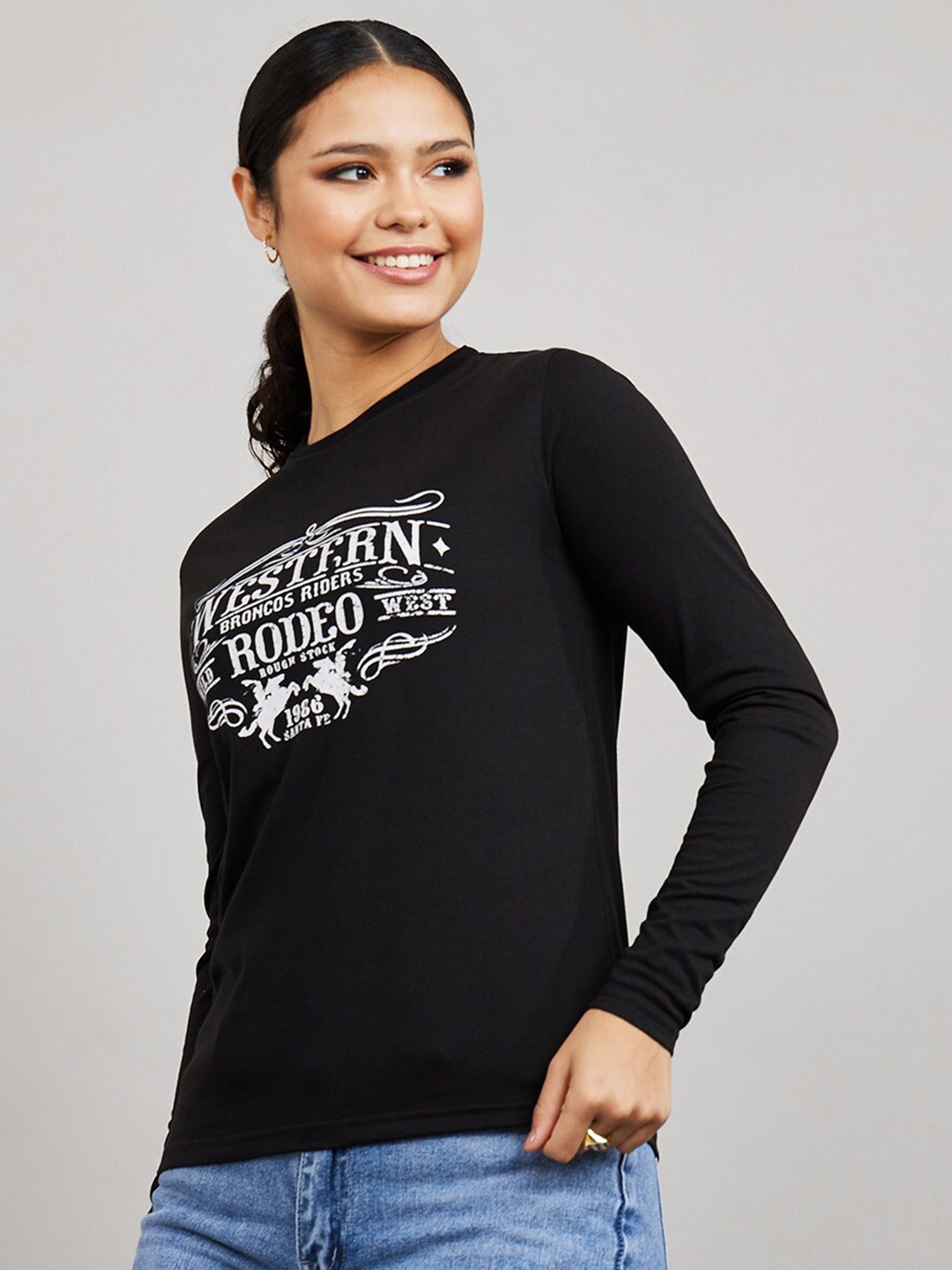 

Styli Women Black & White Typography Printed Cotton T-shirt