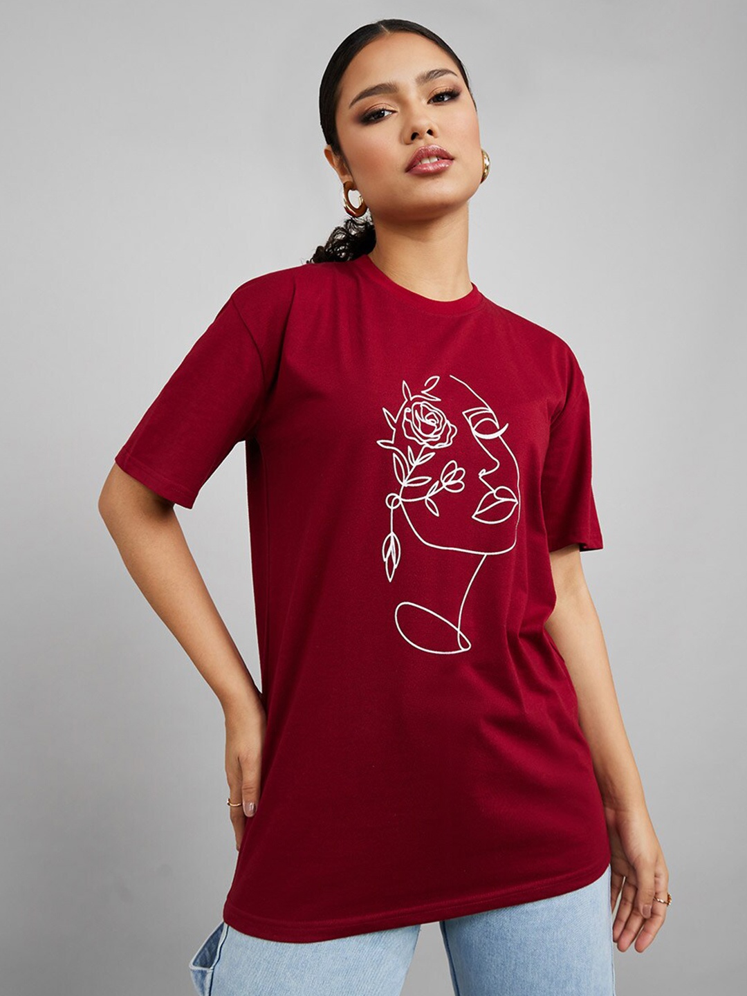 

Styli Women Burgundy & White Printed High Neck Oversized Cotton T-shirt