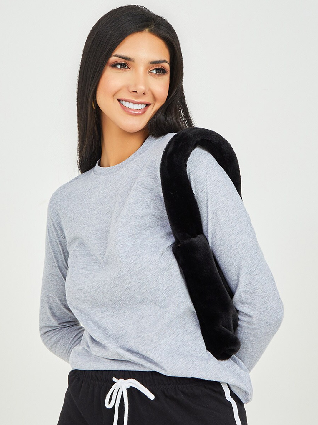 

Styli Women Grey Round Neck Cotton T-shirt