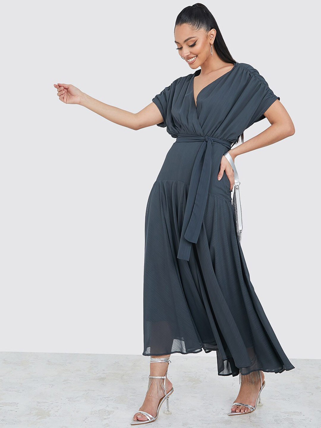 

Styli Grey Kimono Sleeves Flared Wrap Maxi Dress