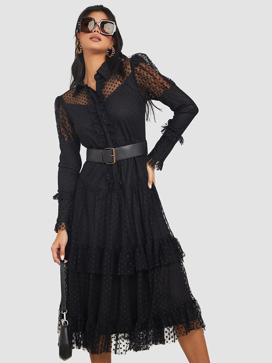 

Styli Black Self Design Puff Sleeves Tiered Belted Shirt Midi Dress