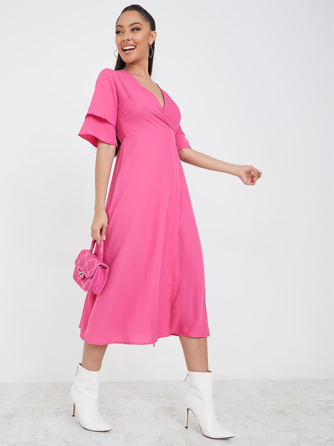 

Styli Pink Flared Sleeves Wrap Midi Dress