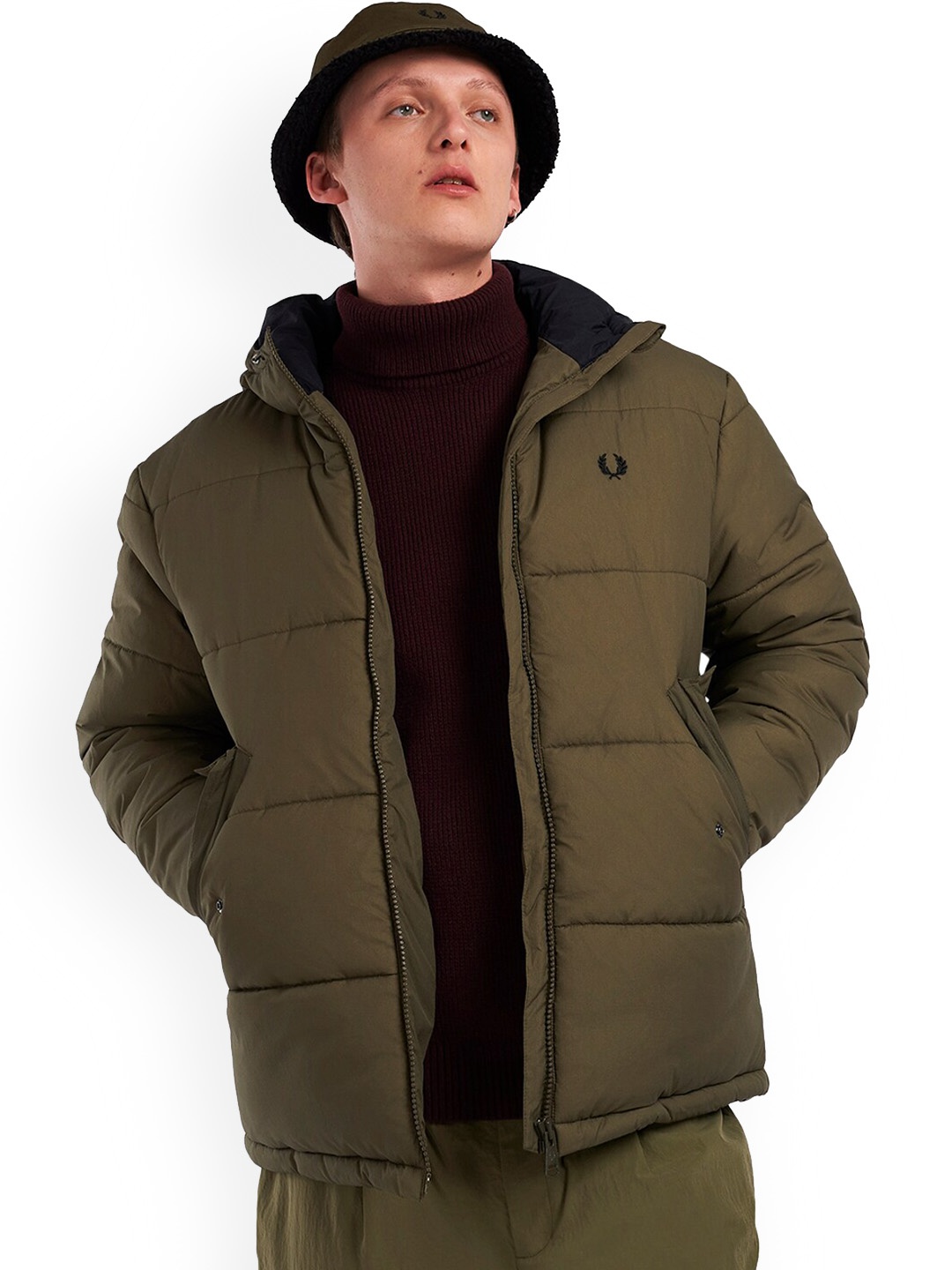 

Fred Perry Men Green Hooded Quilted Jacket