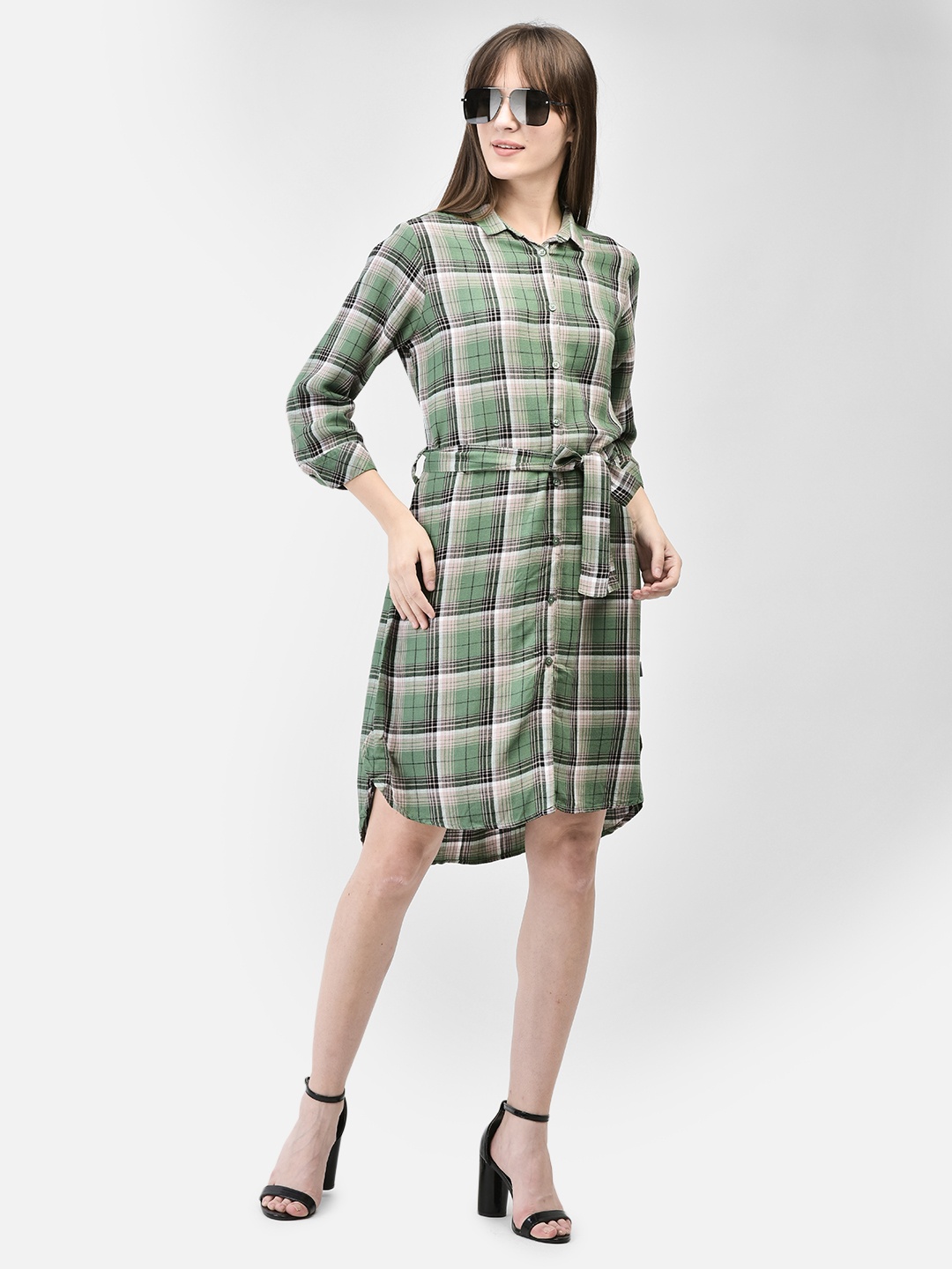 

Crimsoune Club Tie-Up Checked Shirt Dress, Green