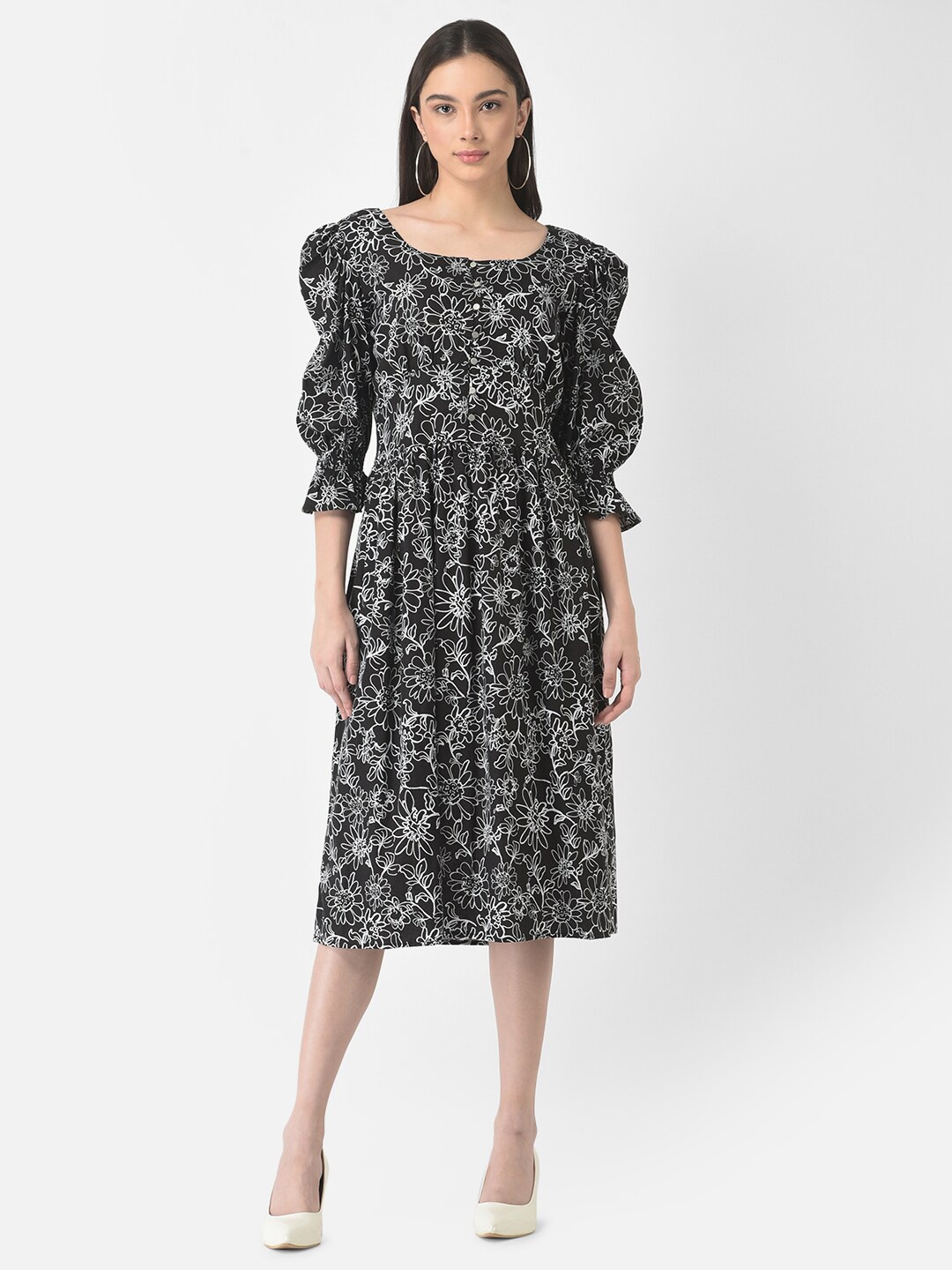 

Crimsoune Club Floral Printed Fit & Flare Midi Dress, Black