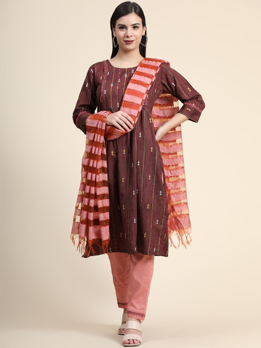 

KALINI Embroidered Thread Work Linen Kurta with Trousers & With Dupatta, Brown