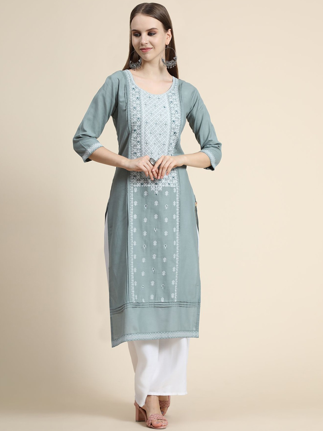 

KALINI Printed Thread Work Linen Kurta with Palazzos, Grey