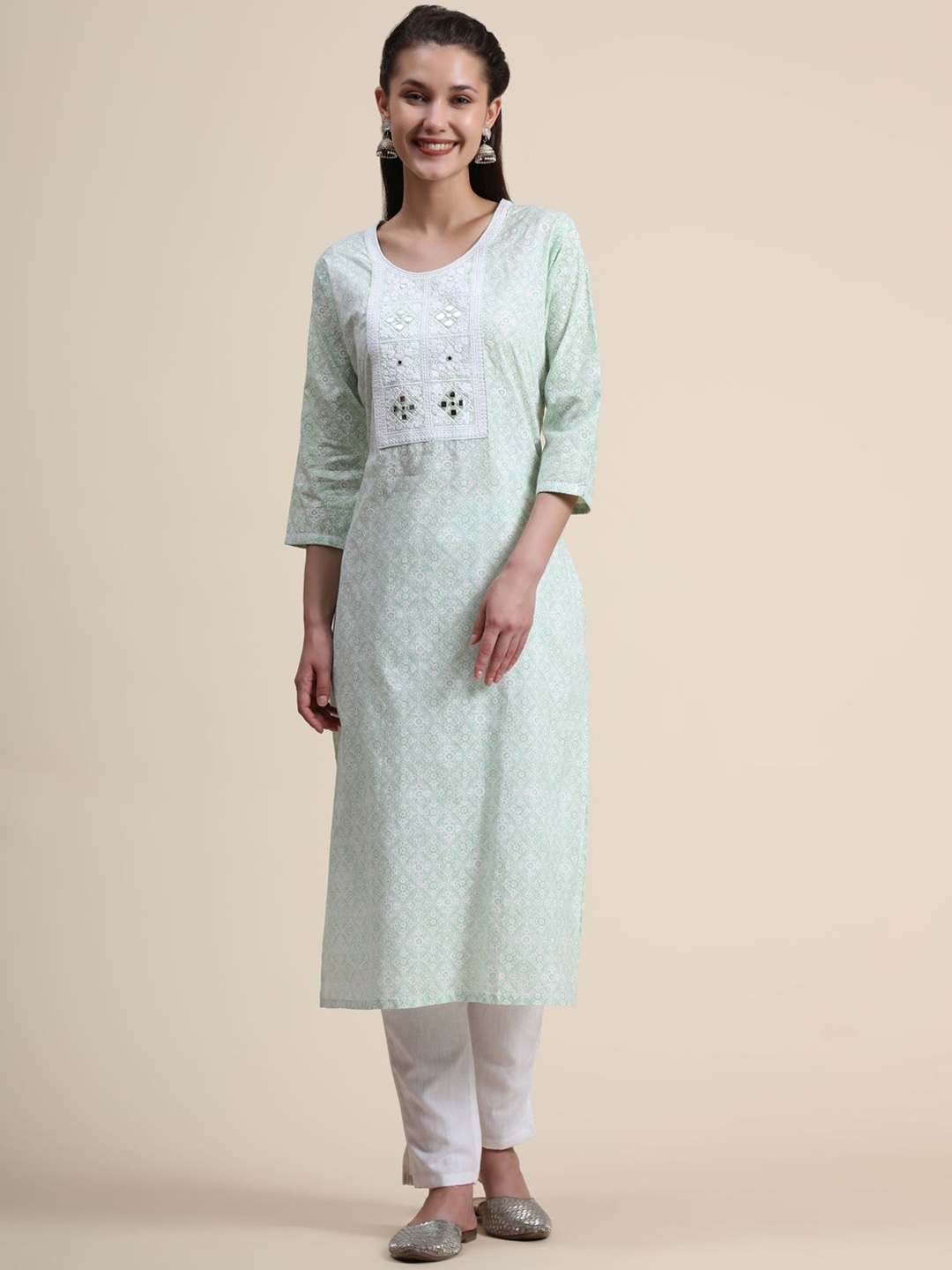 

KALINI Ethnic Motifs Embroidered Mirror Work Linen Kurta with Trousers, Sea green
