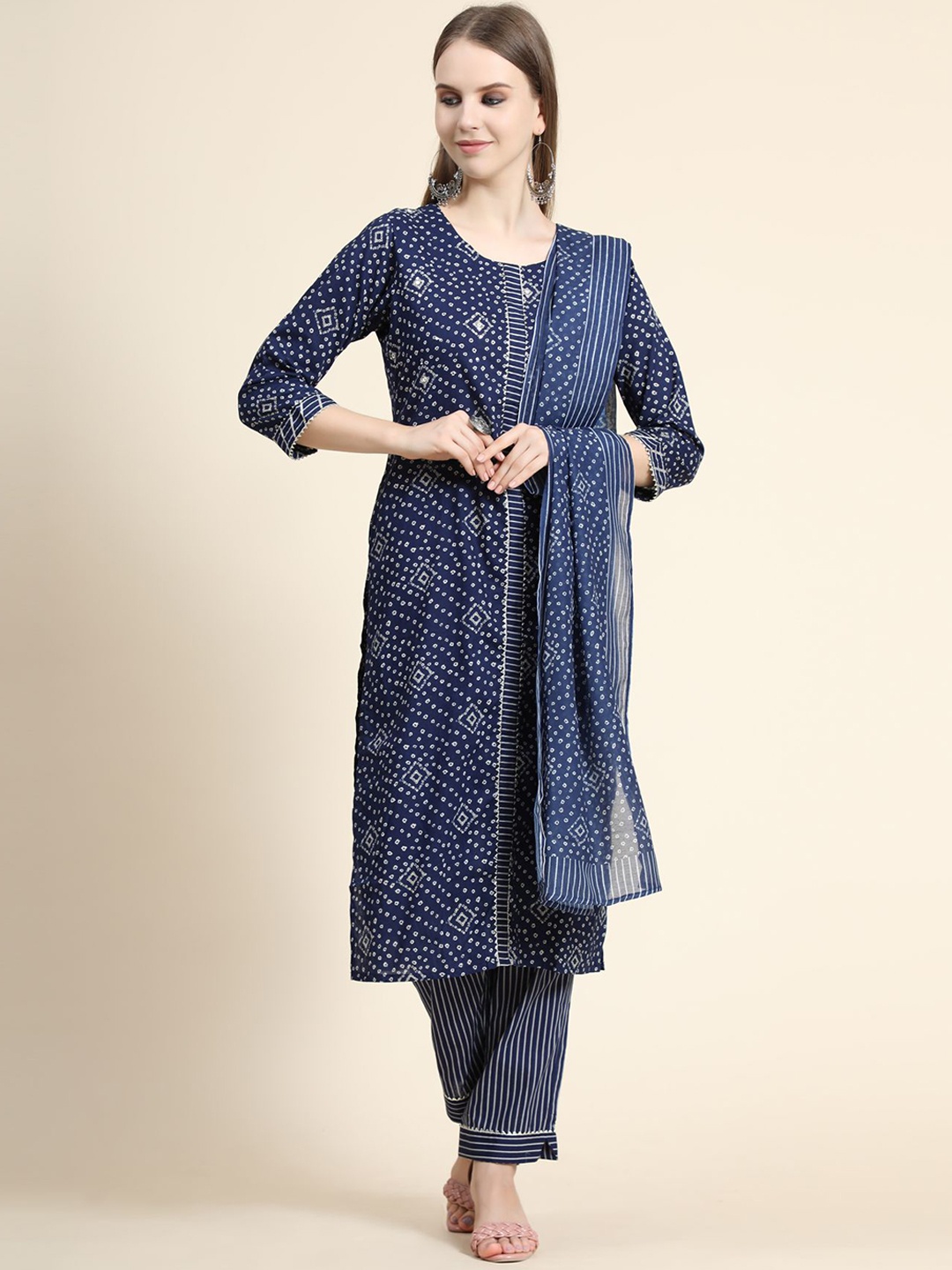 

KALINI Printed Round Neck Linen Kurta with Trousers & Dupatta, Blue