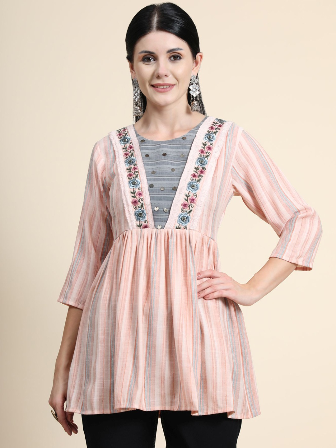 

KALINI Floral Embroidered Sequinned Linen Sequinned Pleated Kurti, Pink