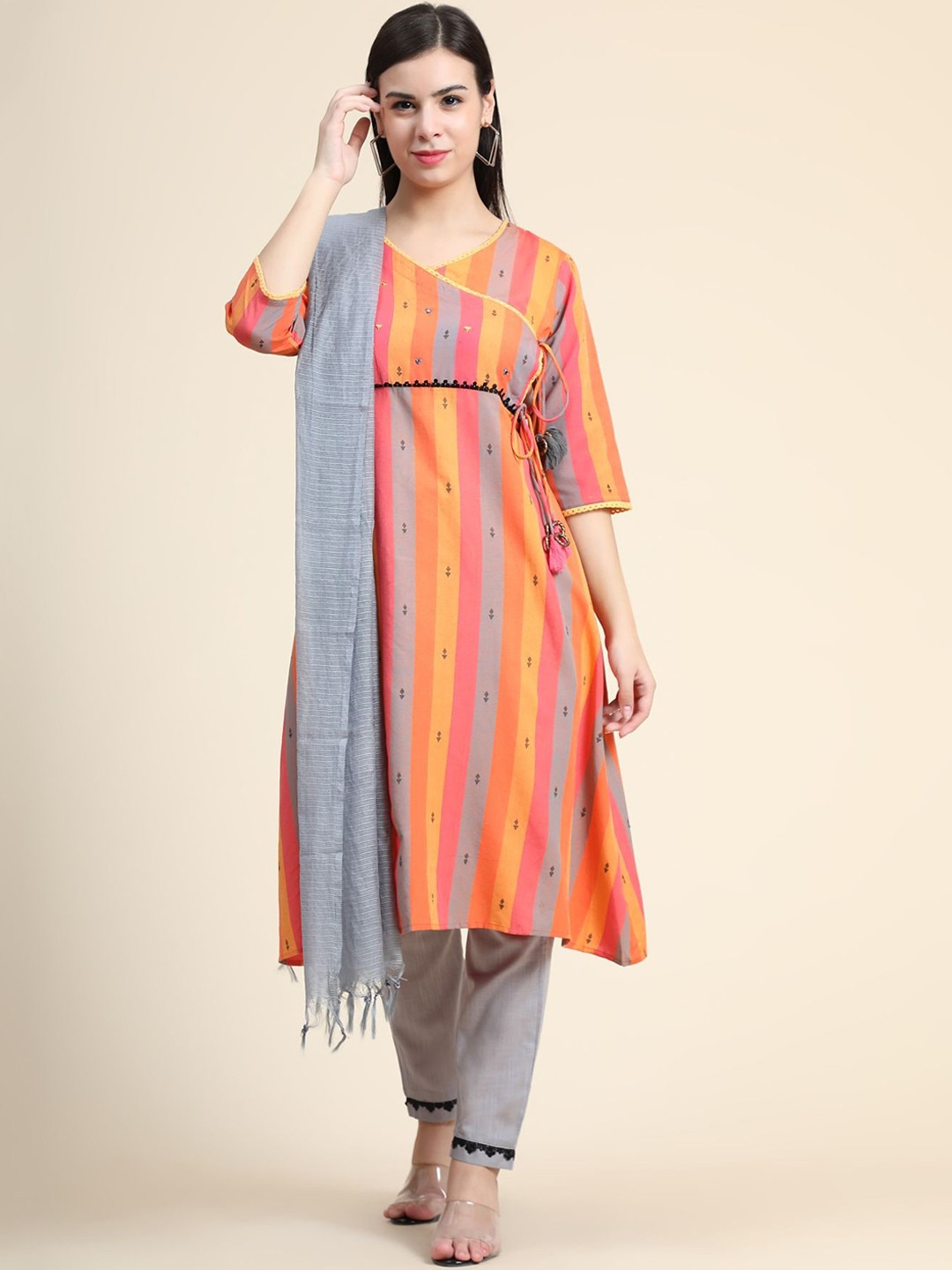 

KALINI Striped Mirror Work Linen Kurta with Trousers & With Dupatta, Grey