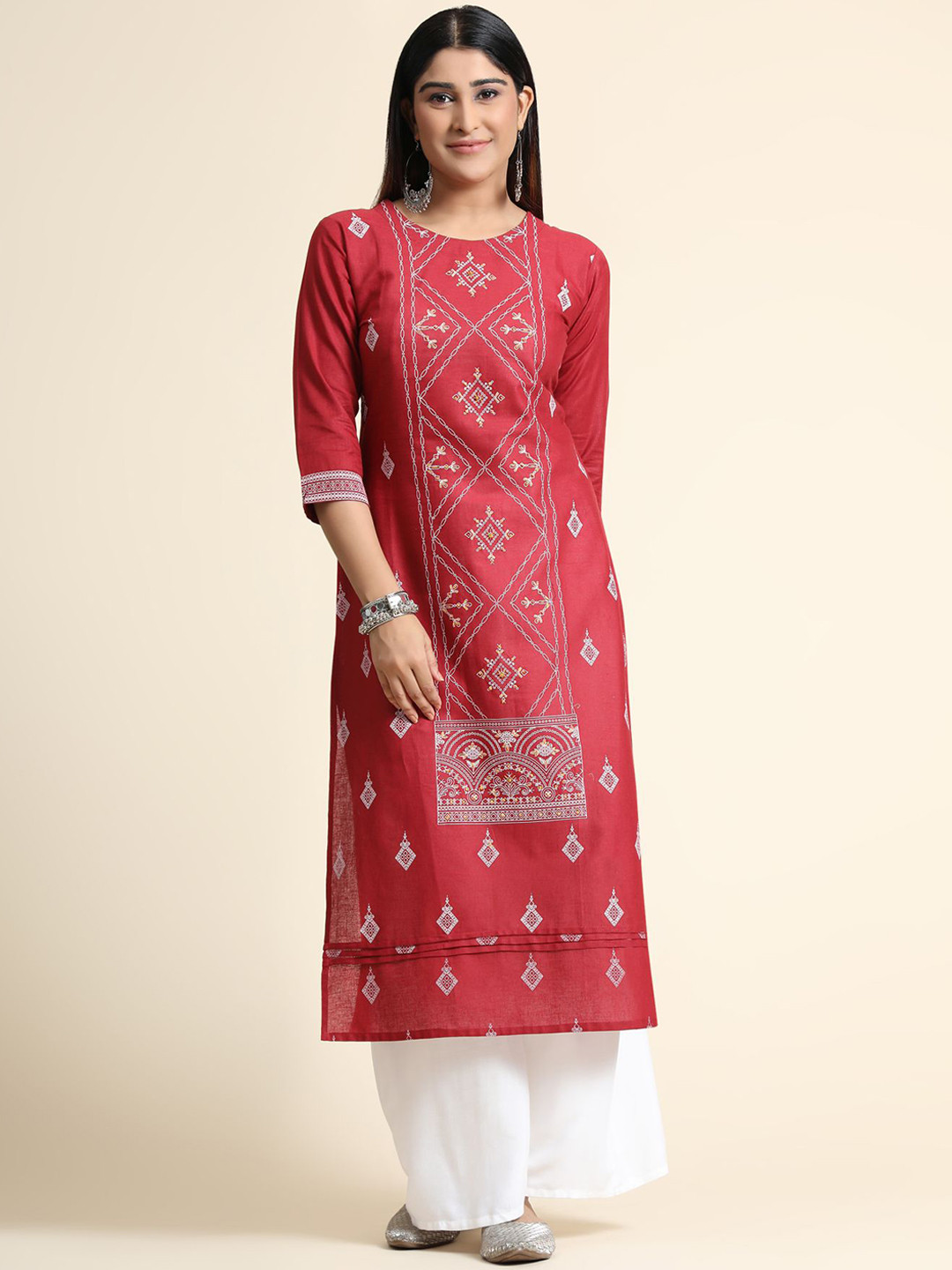 

KALINI Women Red Embroidered Sequinned Linen Kurta with Palazzos & With Dupatta