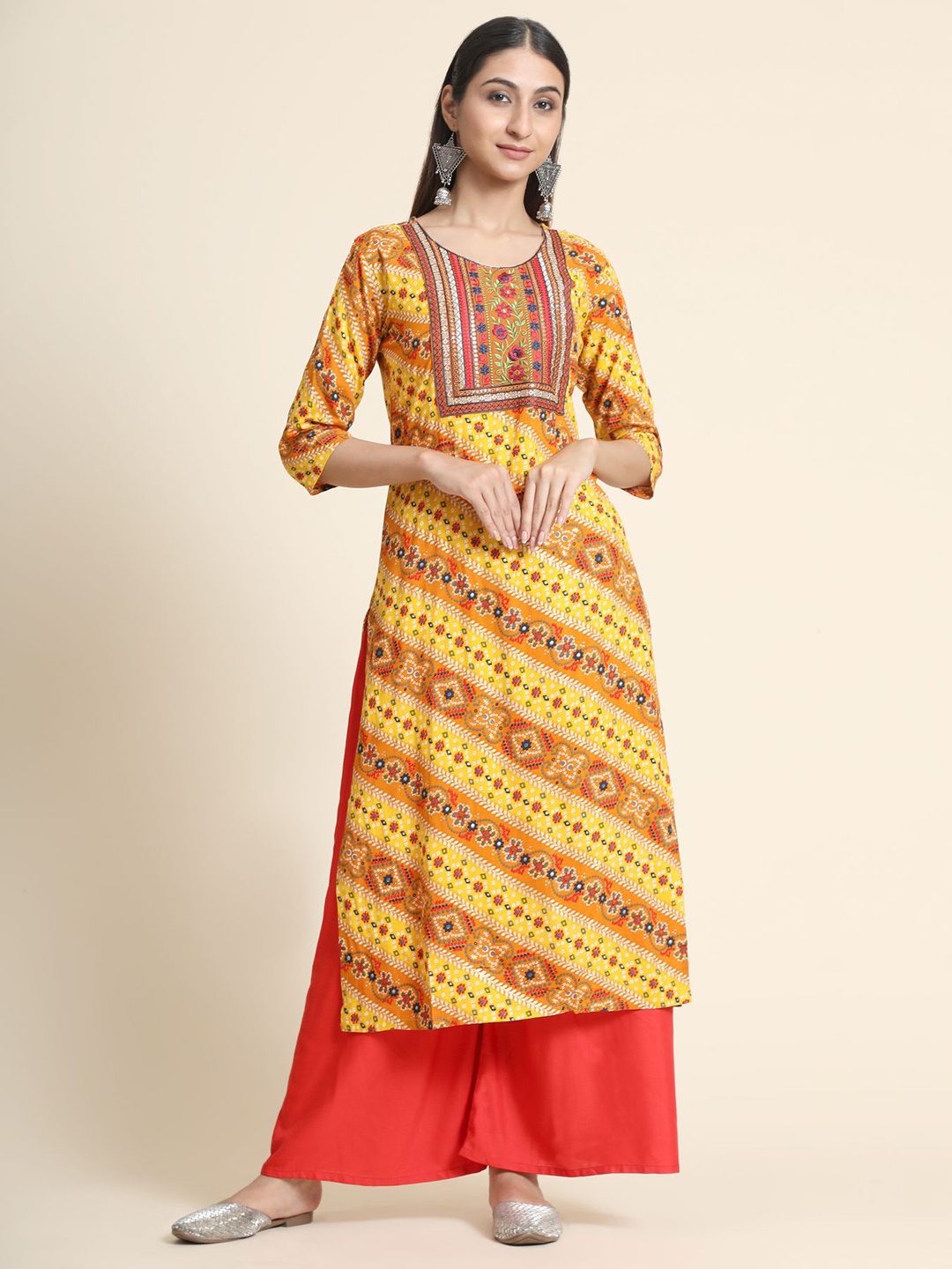 

KALINI Embroidered Thread Work Linen Kurta with Palazzos & With Dupatta, Yellow