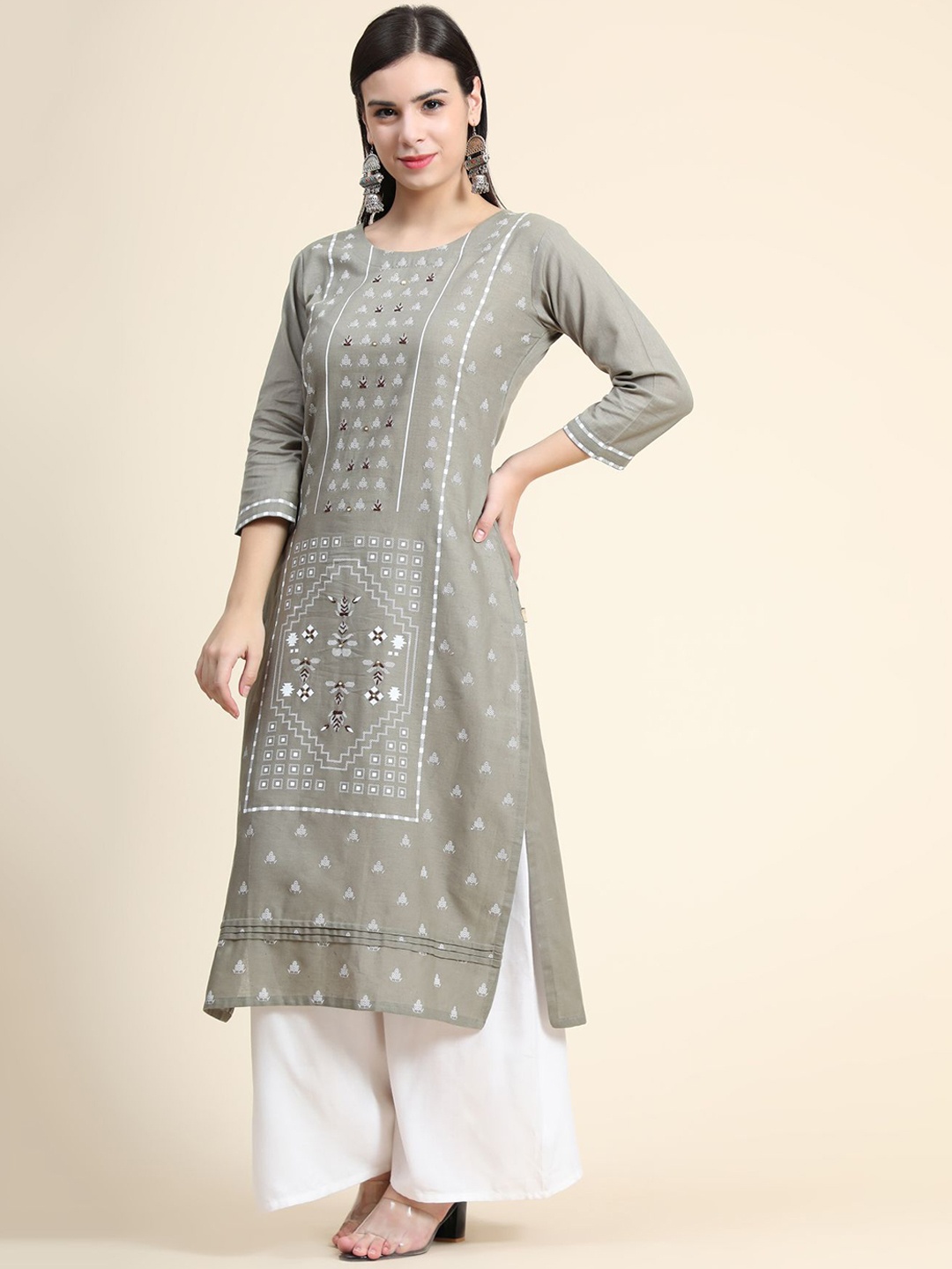 

KALINI Ethnic Motifs Printed Thread Work Linen Kurta with Palazzos, Grey