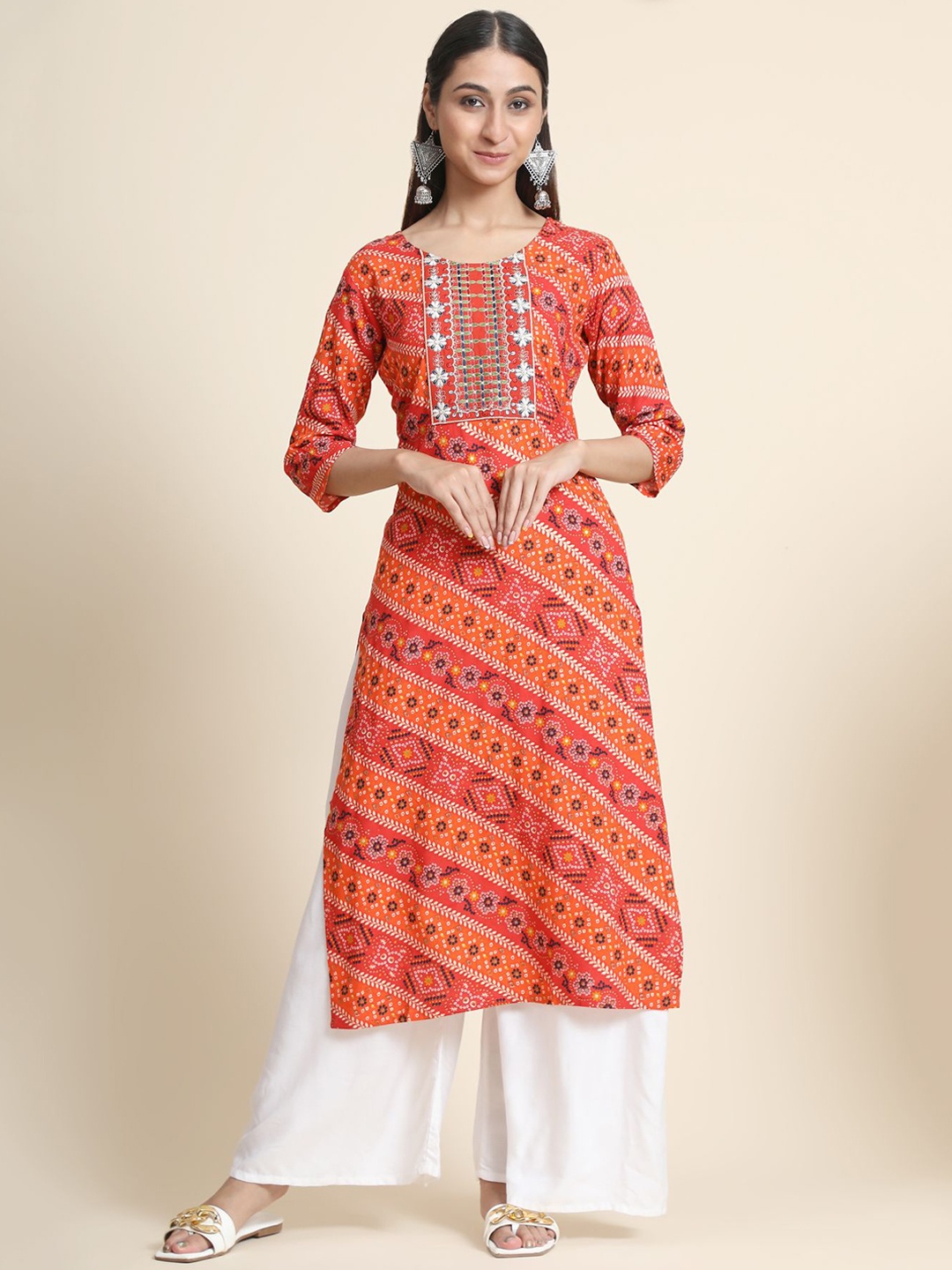 

KALINI Embroidered Thread Work Linen Kurta with Palazzos, Red
