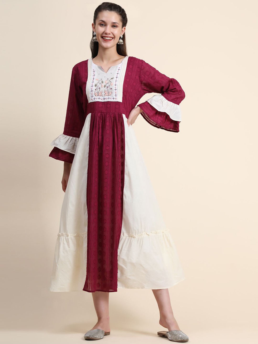 

KALINI Women Embroidered Linen Ethnic Dress, Maroon