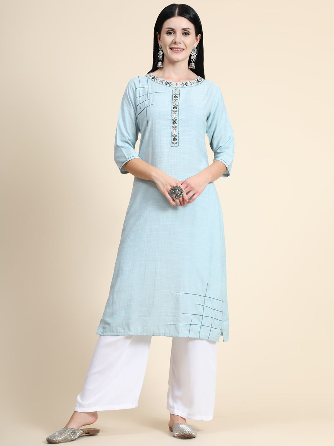 

KALINI Embroidered Thread Work Linen Kurta with Palazzos, Blue