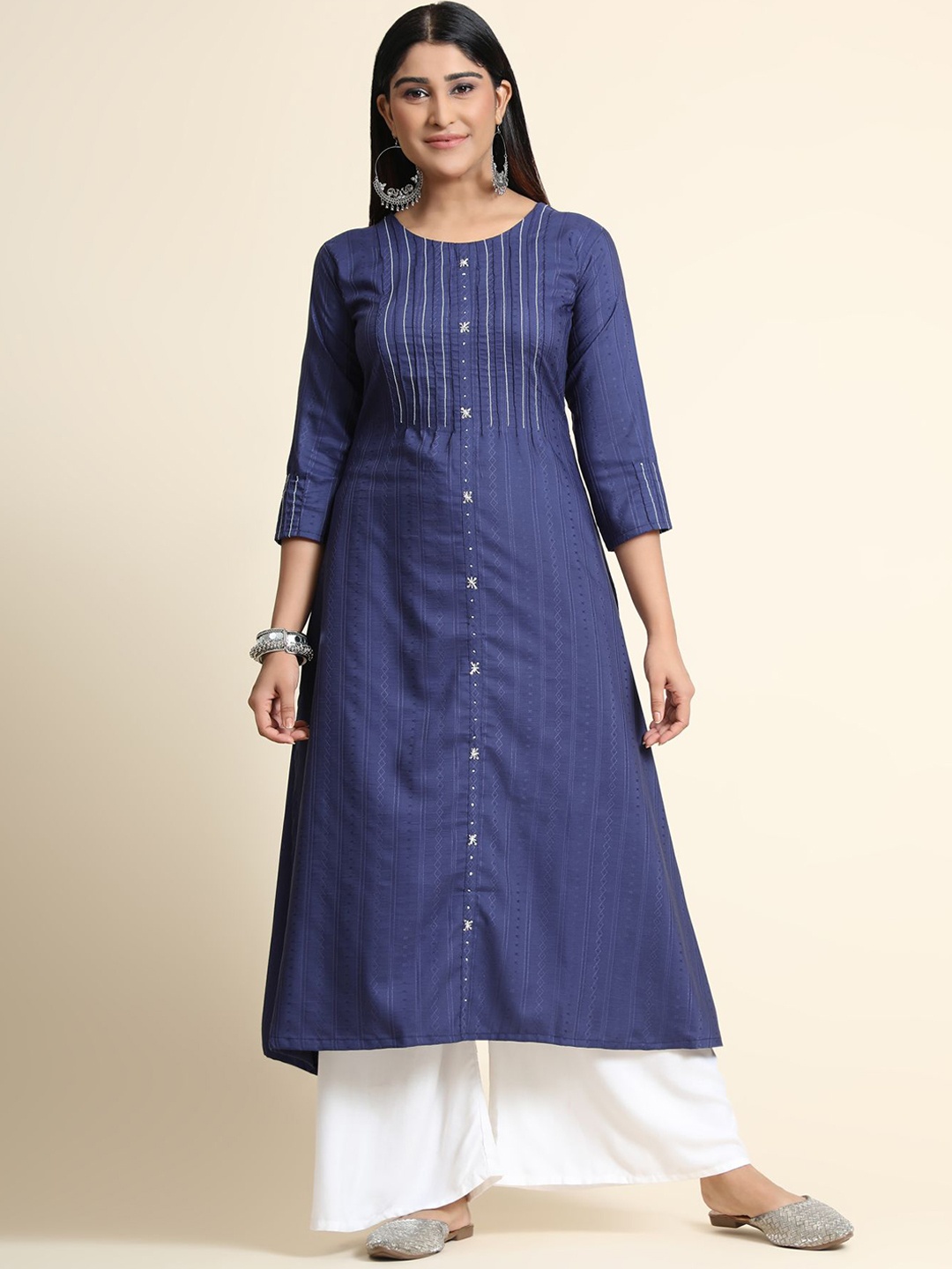 

KALINI Striped Thread Work Linen Kurta with Palazzos & With Dupatta, Blue