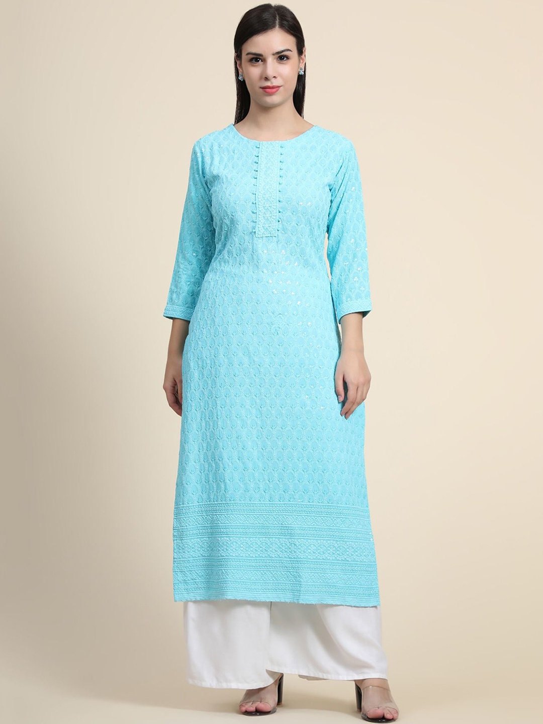 

KALINI Ethnic Motifs Embroidered Chikankari Linen Kurta with Palazzos, Blue