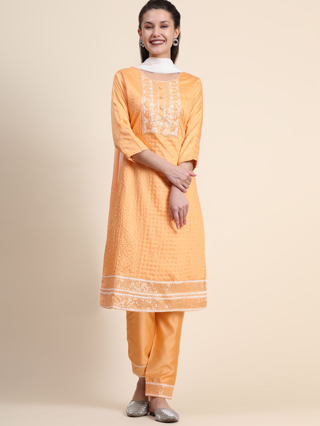 

KALINI Thread Work Linen Kurta with Trousers & With Dupatta, Orange